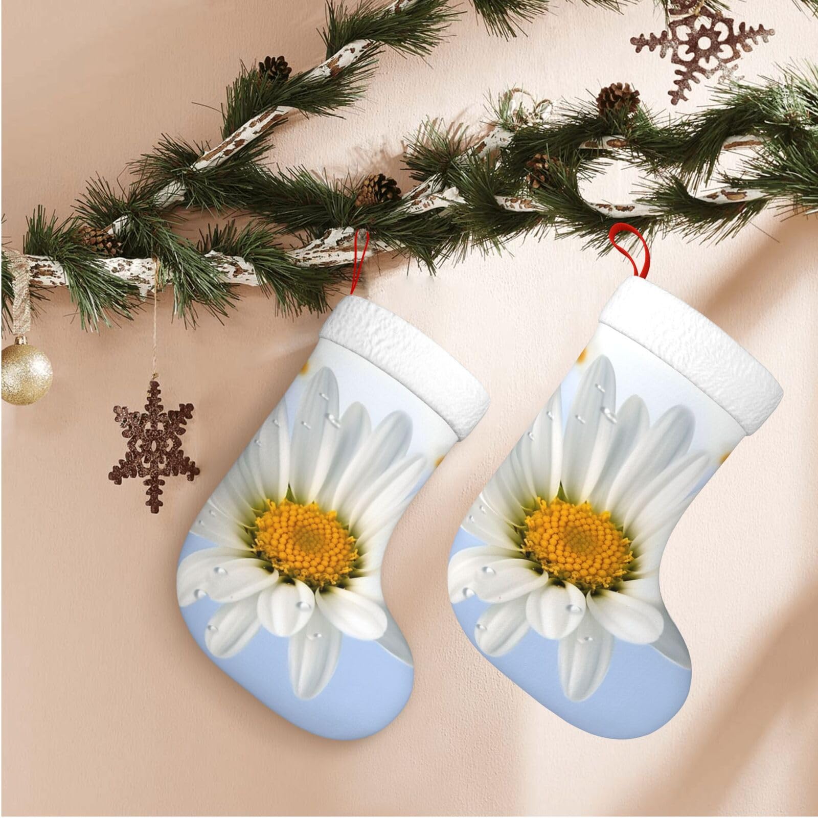 White Daisy Christmas Stockings Velvet Xmas Fireplace Hanging Stocking with Plush Cuff Rustic Christmas Santa Stockings for Home Christmas Decorations Party Favor Supplies