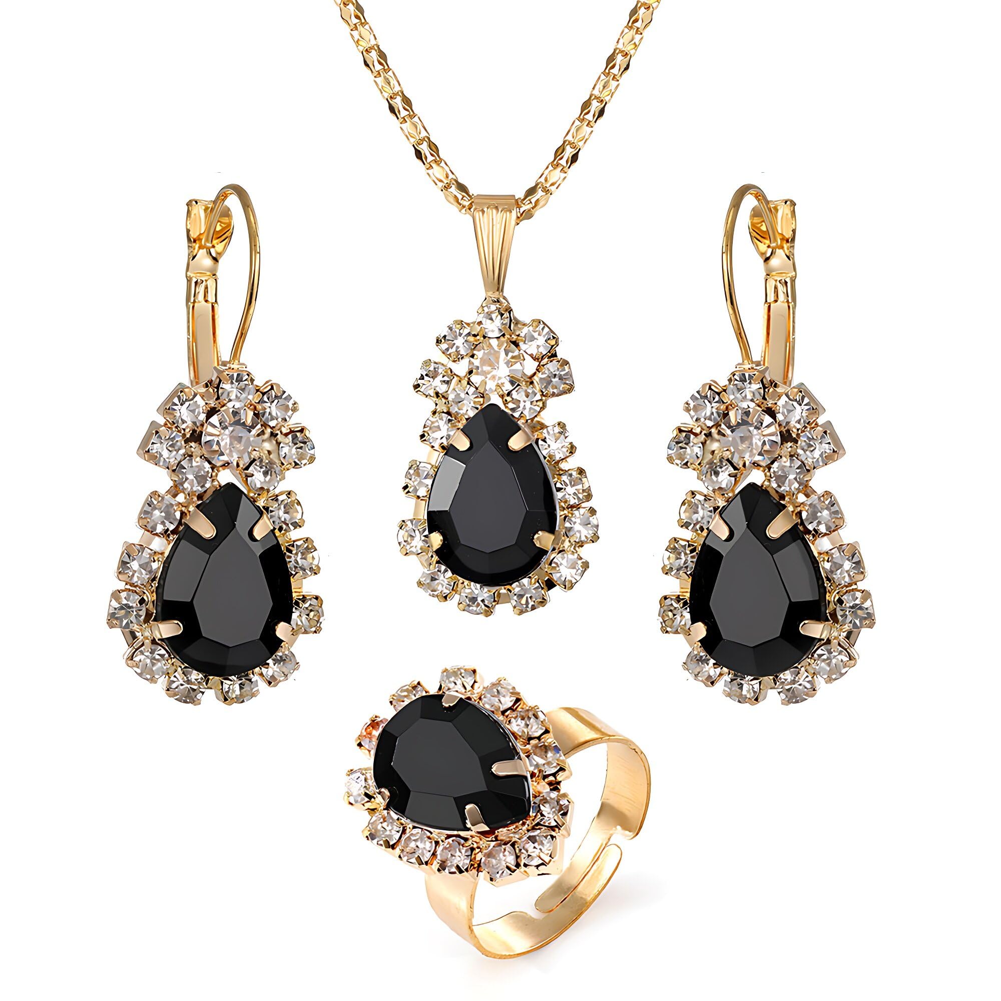 Generic Womens Luxury Jewelry Sets Wedding Crystal Statement Necklace Earrings Ring Set For Brides Radiant Black Crystal