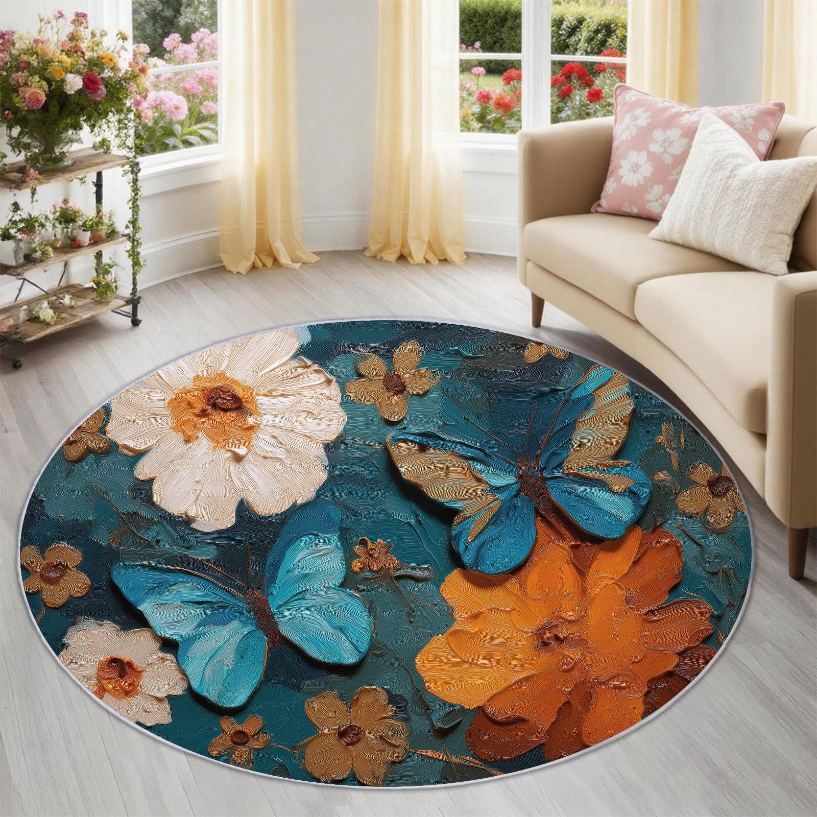 Tapis multicolore rond 160 cm au design floral élégant pour salle à manger