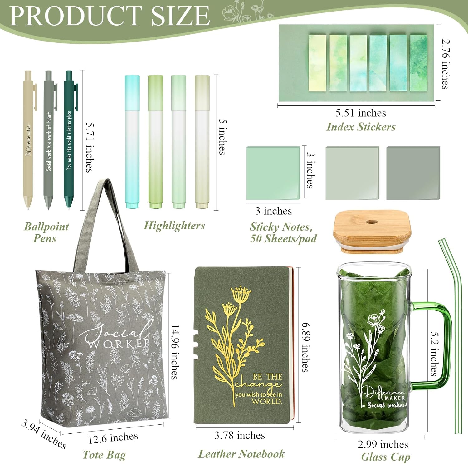 Reallnaive 15 Pcs Social Worker Appreciation Gifts 16 oz Glass Cup Canvas Bag Notebook Ballpoint Pen Sticky Note Graduation Gifts for Bsw Msw Dsw Lcsw Women Volunteer Coworker Office Supplies(Green)