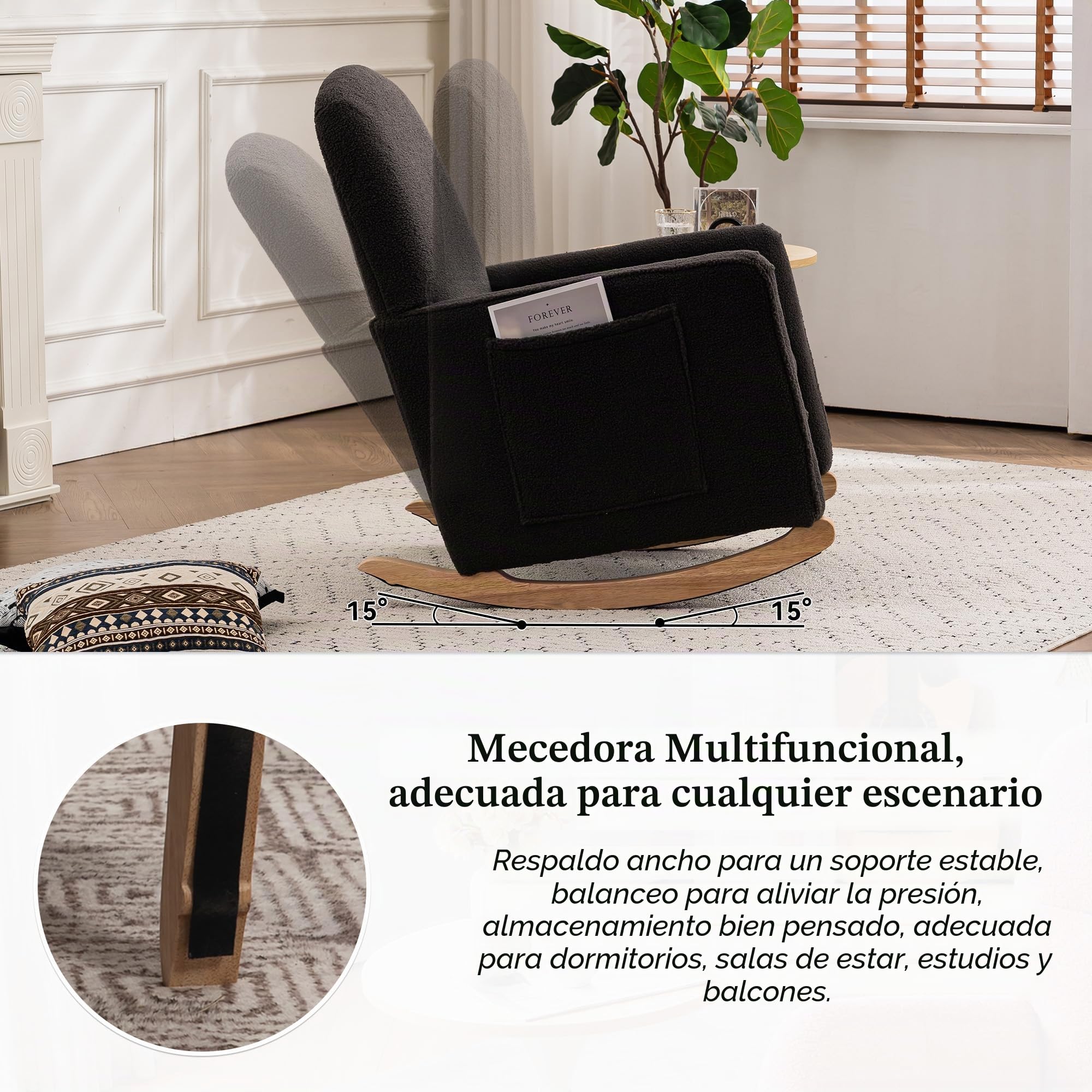 Soweiz Mecedora con taburete, sillón relax con otomana, mecedora para el salón, tela de peluche, 67x126x98 cm