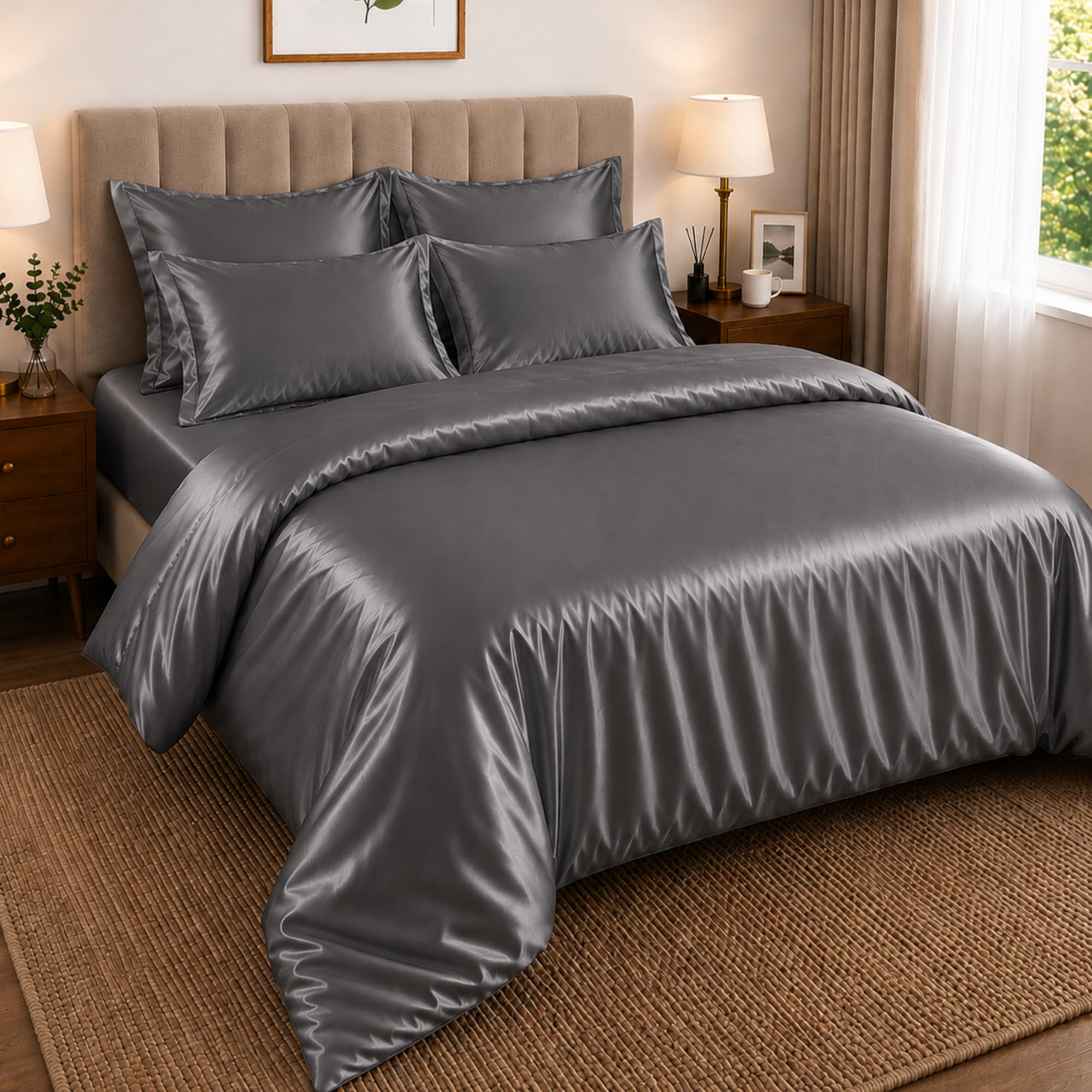 BOSKI LONDON Luxury 6 Piece Satin Silk Bedding Set | Duvet Cover, Deep Fitted Sheet & Pillowcases | Soft Silky Bedding Set Single Double King & Super king Sizes (SILVER, KING)