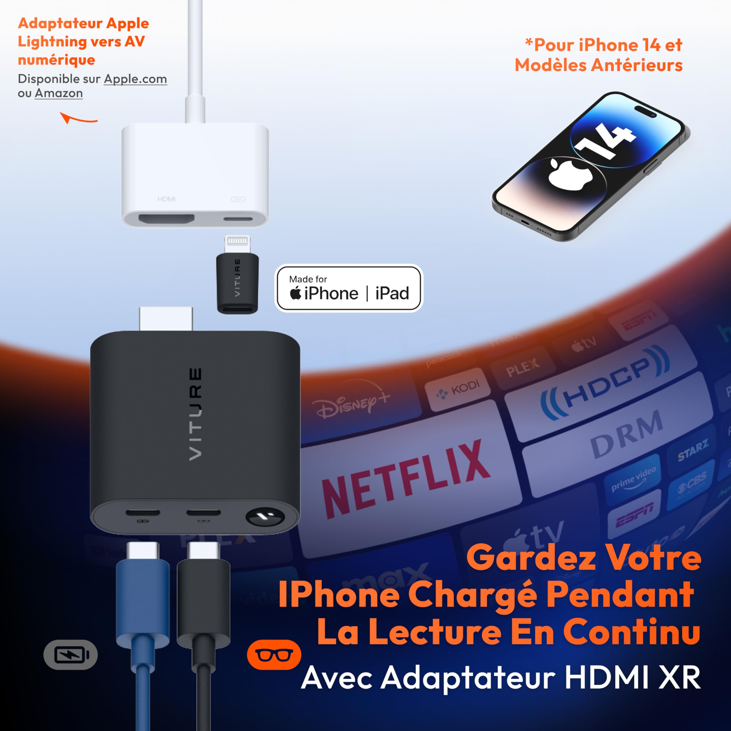 VITURE Adaptateur HDMI XR pour iPhone 14 et modèles antérieurs, activant les vidéos multi-écran/3DoF/VR améliorées, autonomie de 2,8 heures, charge pendant la lecture, lecture directe sur les consoles