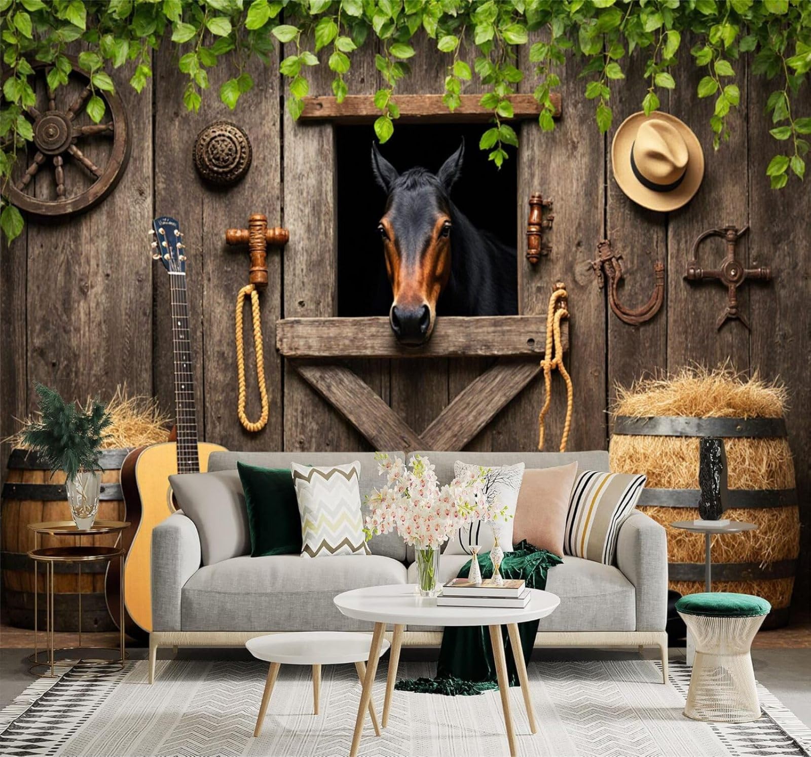 Xlming 400Cm×280Cm(B×H) Country Barn Horse Guitar Hay Bale Green Leaves 3D Wallpaper Premium Textured Silk Study Dining Living Room Bedroom Sofa Tv Wall Easy Install-400Cm×280Cm