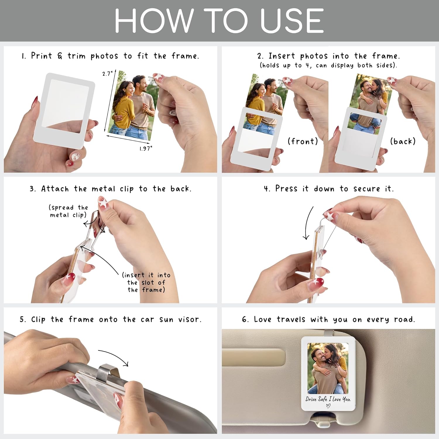 Car Visor Photo Clip Car Gifts for Boyfriend, Husband, Valentines Day Gifts Sun Visor Clip Photo Frame Picture Holder, Drive Safe I Love You Magnet Acrylic Sunvisor for Couple (Personalized Text) - Image 6