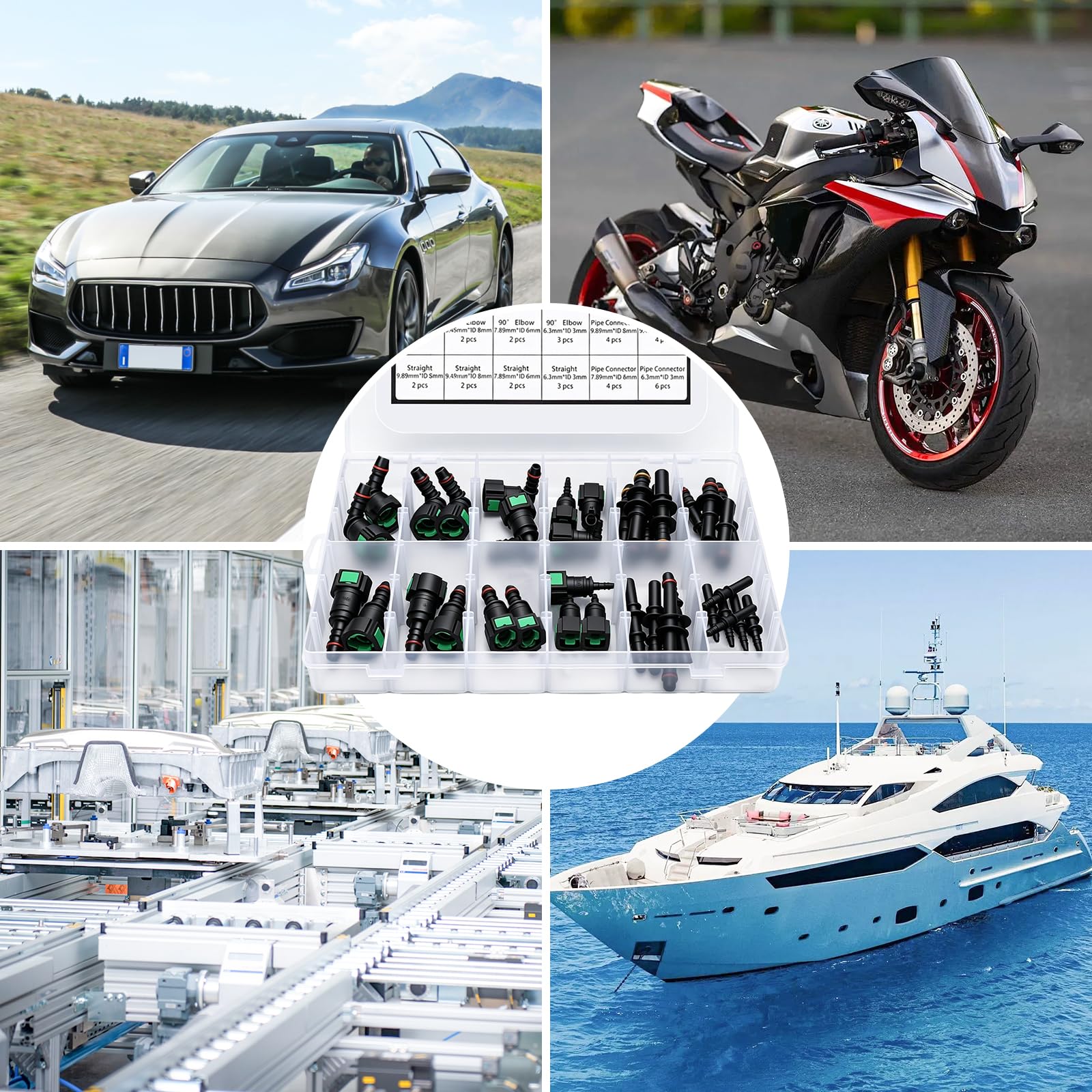 Kraftstoffleitung Reparaturset & Benzinleitung Set, Schnellverschluss Kraftstoffleitungsverbinder für Auto, Motorrad, Boot – Benzinschlauch Set mit SAE 9.89/9.49/7.89/6.3mm, gerade & 90° Winkel