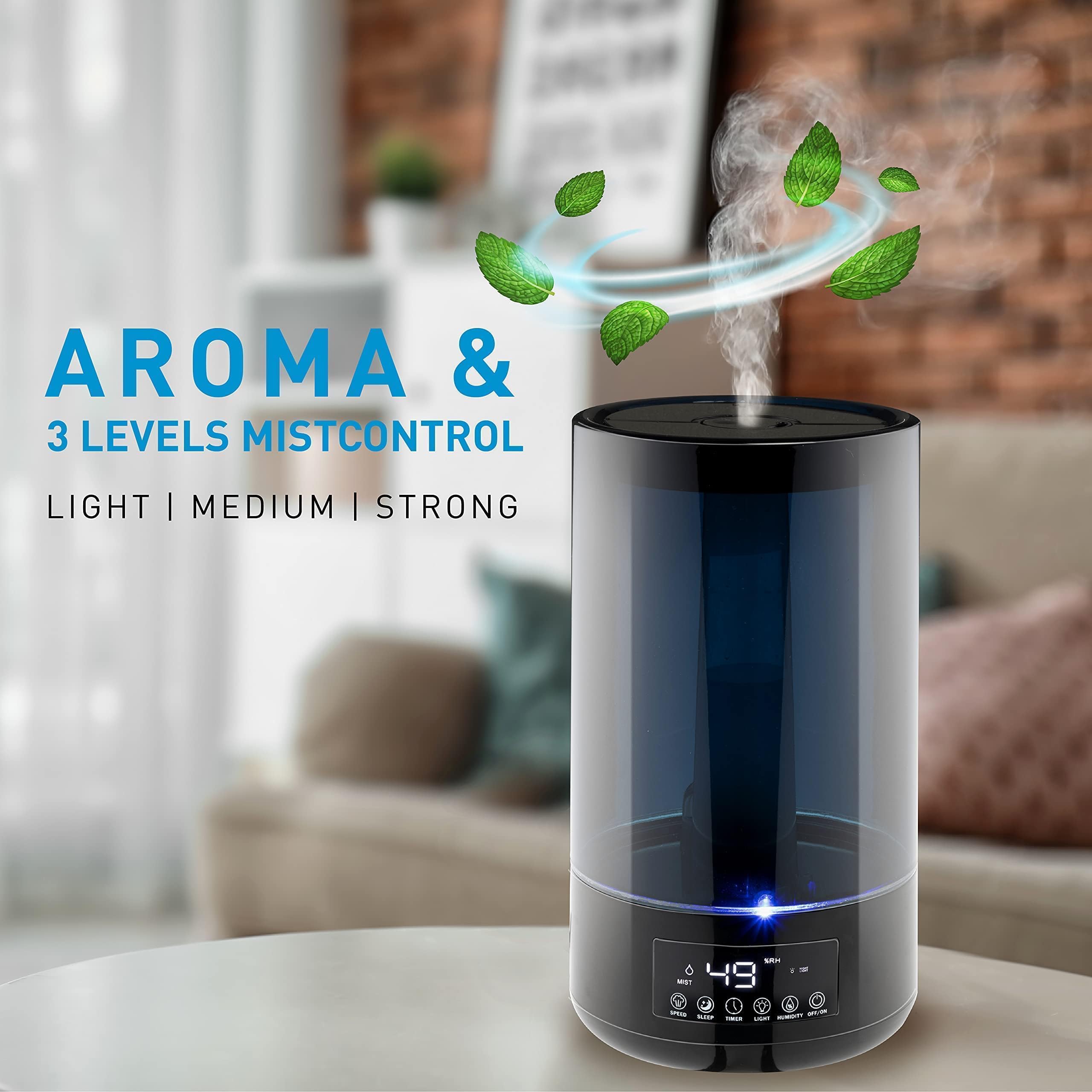 Grundig Luftbefeuchter und Aroma Diffuser 4,3L - Diffuser Ätherische Öle - Humidifier mit Hygrometer und Zeitschaltuhr - Räume der 15 zu 35m2 - mit Nachtlicht - Schwarz