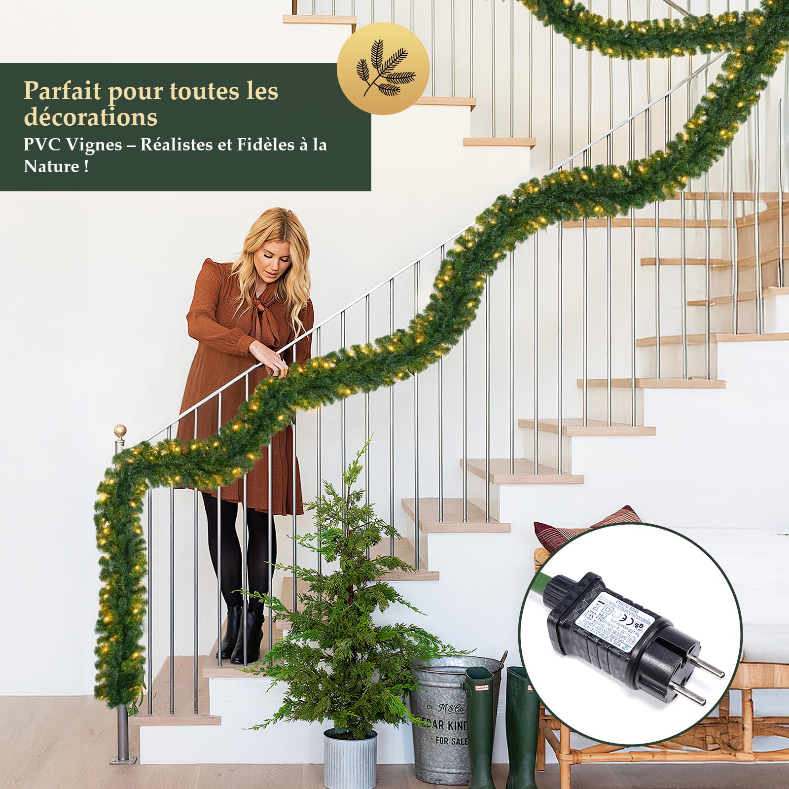 SALCAR Guirlande Sapin Artificiel, 5m Guirlande Noel Sapin Lumineuse pour Cheminées Escaliers Décorés, 200 LED, Exterieur avec Interieur