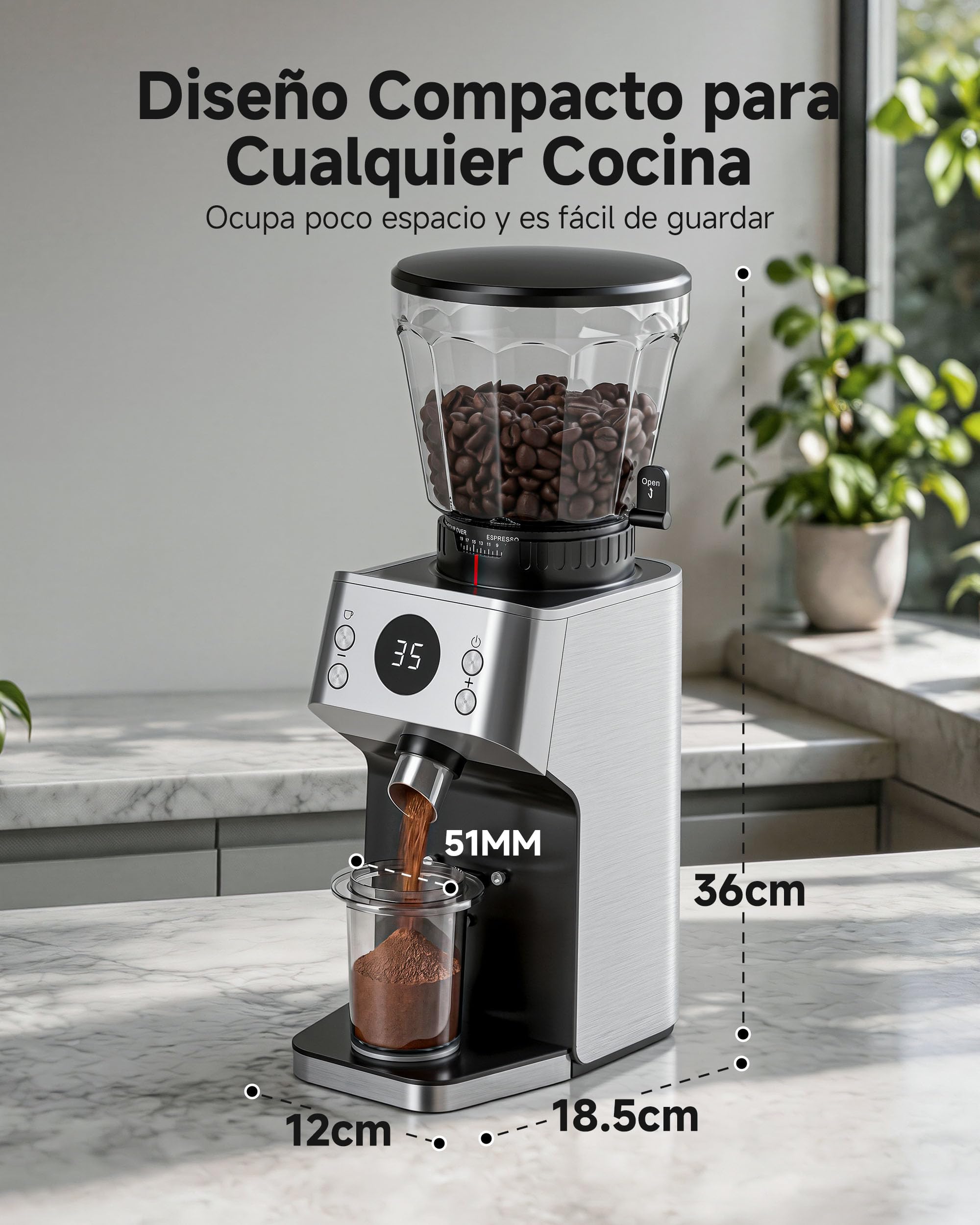 AAOBOSI Molinillo de Café Eléctrico, 45 Niveles, Muelas Cónicas de Acero | Sistema Antiestático Plasma, memoria, tiempo/tazas programables, depósito de 300 g, para espresso y café filtrado