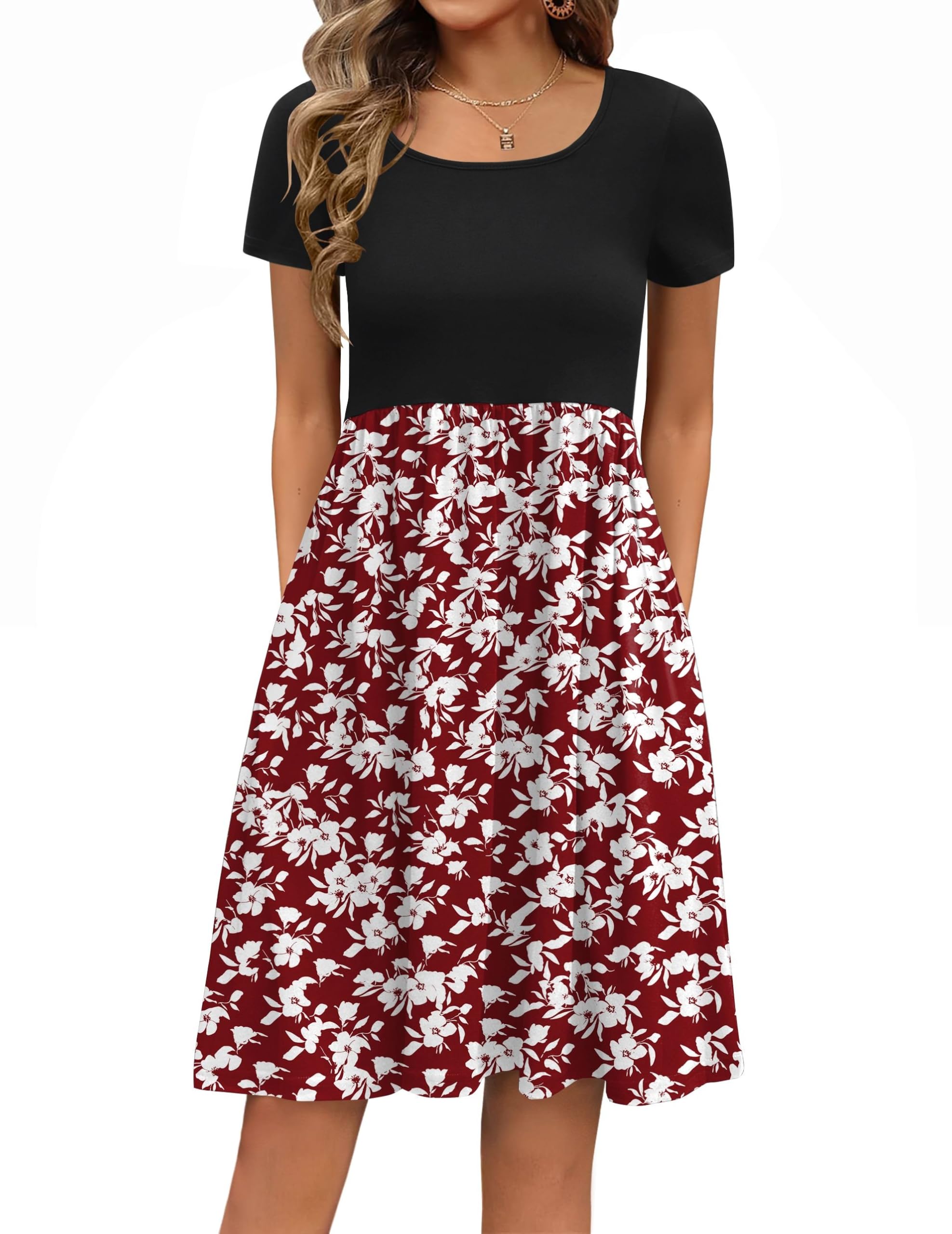 ZEAGOO Sommerkleid Damen Elegant Kleider Kurzarm A-Linie Blumenkleid Rundhals Tunika Kleid Strandkleid mit Taschen Casual Freizeitkleid S-XXL