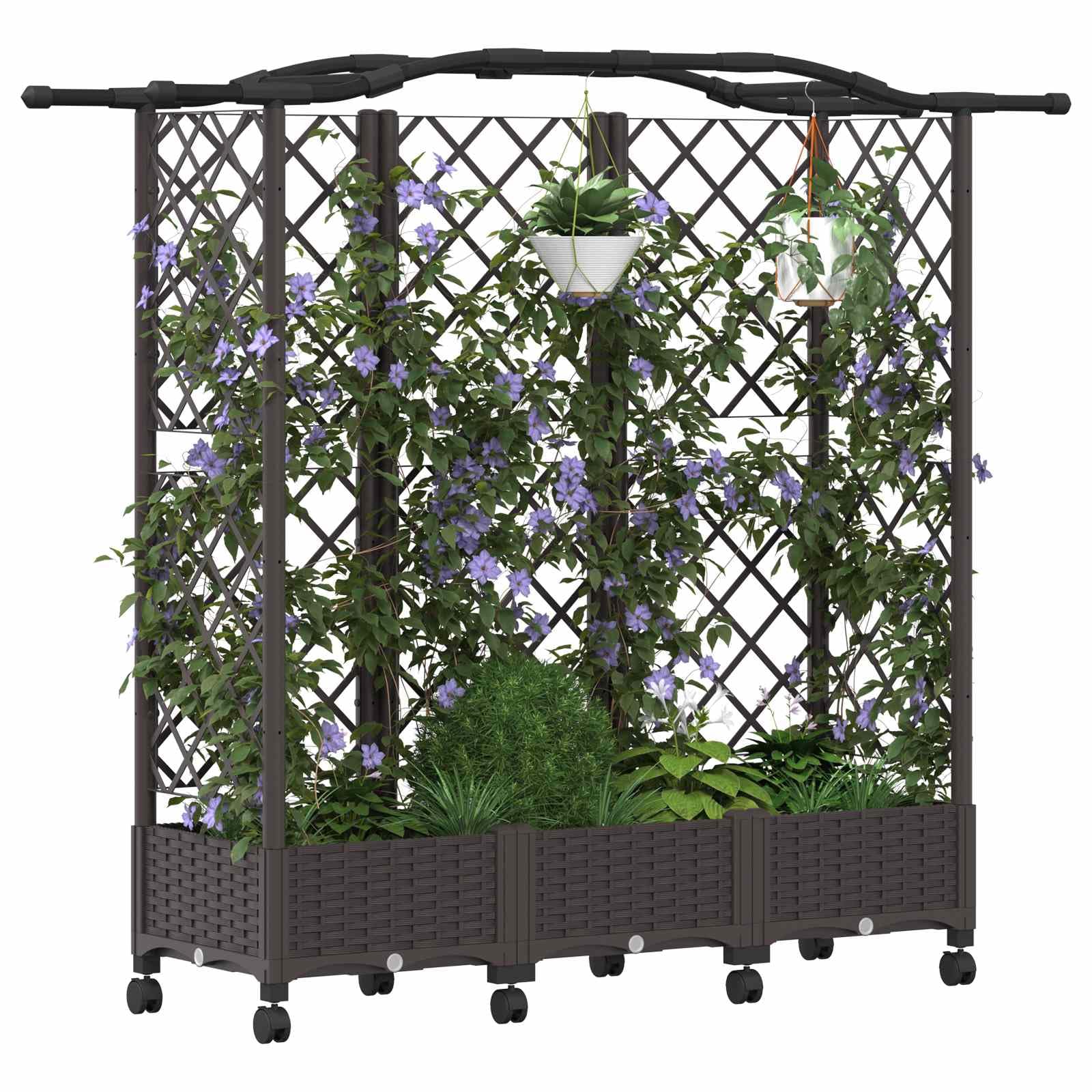 Jardinera con enrejado y techo marrón de polipropileno 163 x 40 x 129 cm para terraza, jardín y balcón, maceta con riego y almacenamiento de agua para hierbas y verduras