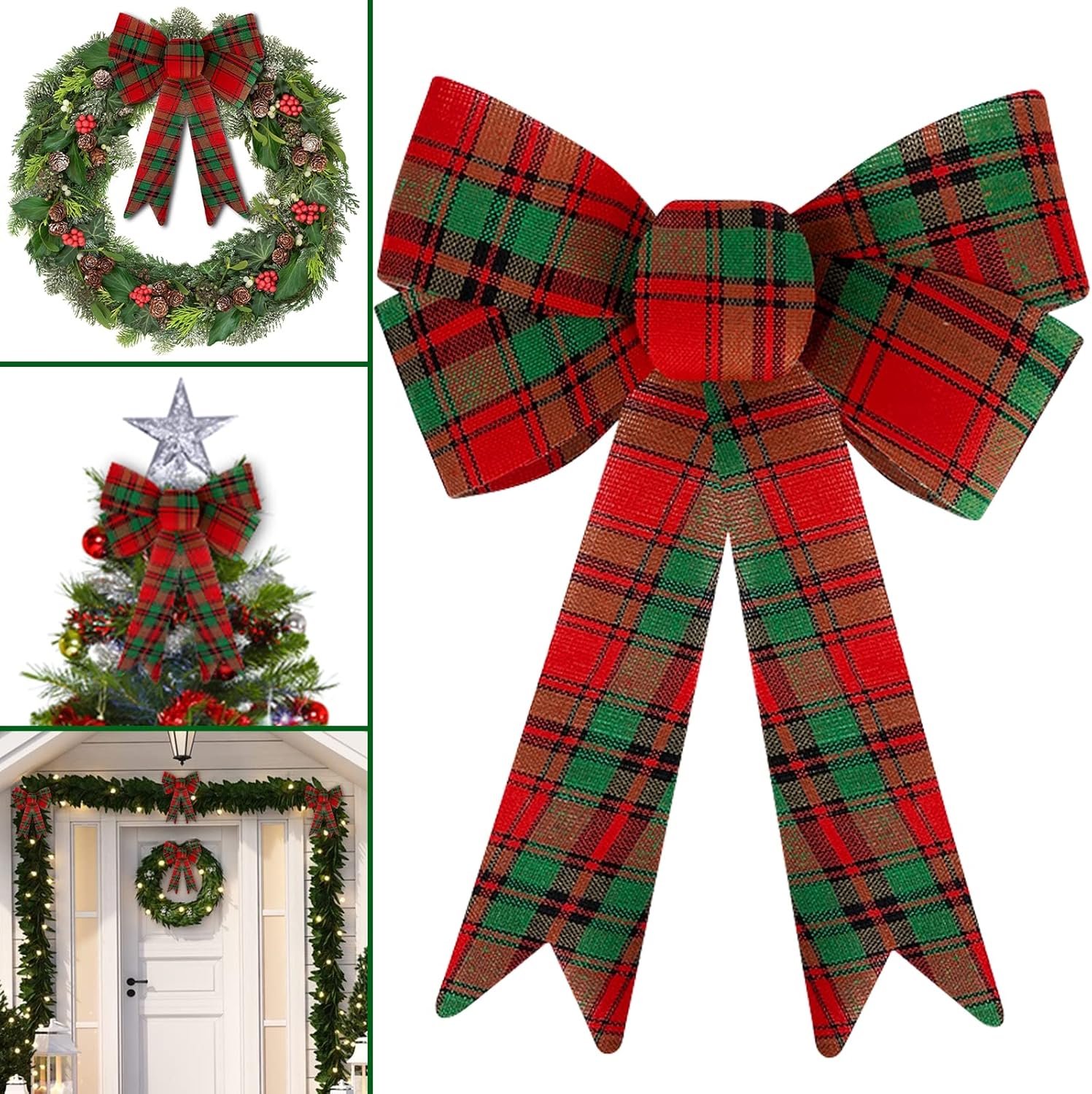 6 Pack Christmas Bows Outdoor Decorations, 12.5'' x 9'' Large Buffalo Plaid Bows for Wreath Garland Tree Topper Ornaments Outside Indoor Decor Home Party (Red Green) Red & Green