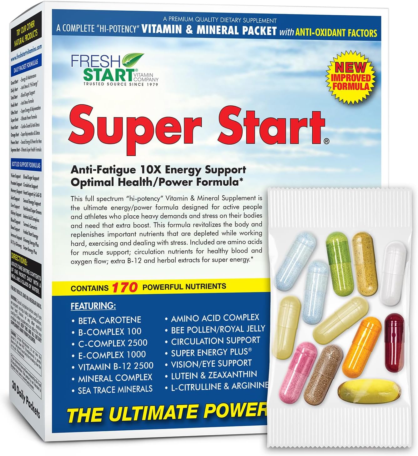 Super Start All-in-One Daily Vitamin Pack - Energy & Endurance - Vitamin B12, Panax Ginseng, Guarana, L-Arginine, L-Citrulline & BCAAs - 30 Day Supply