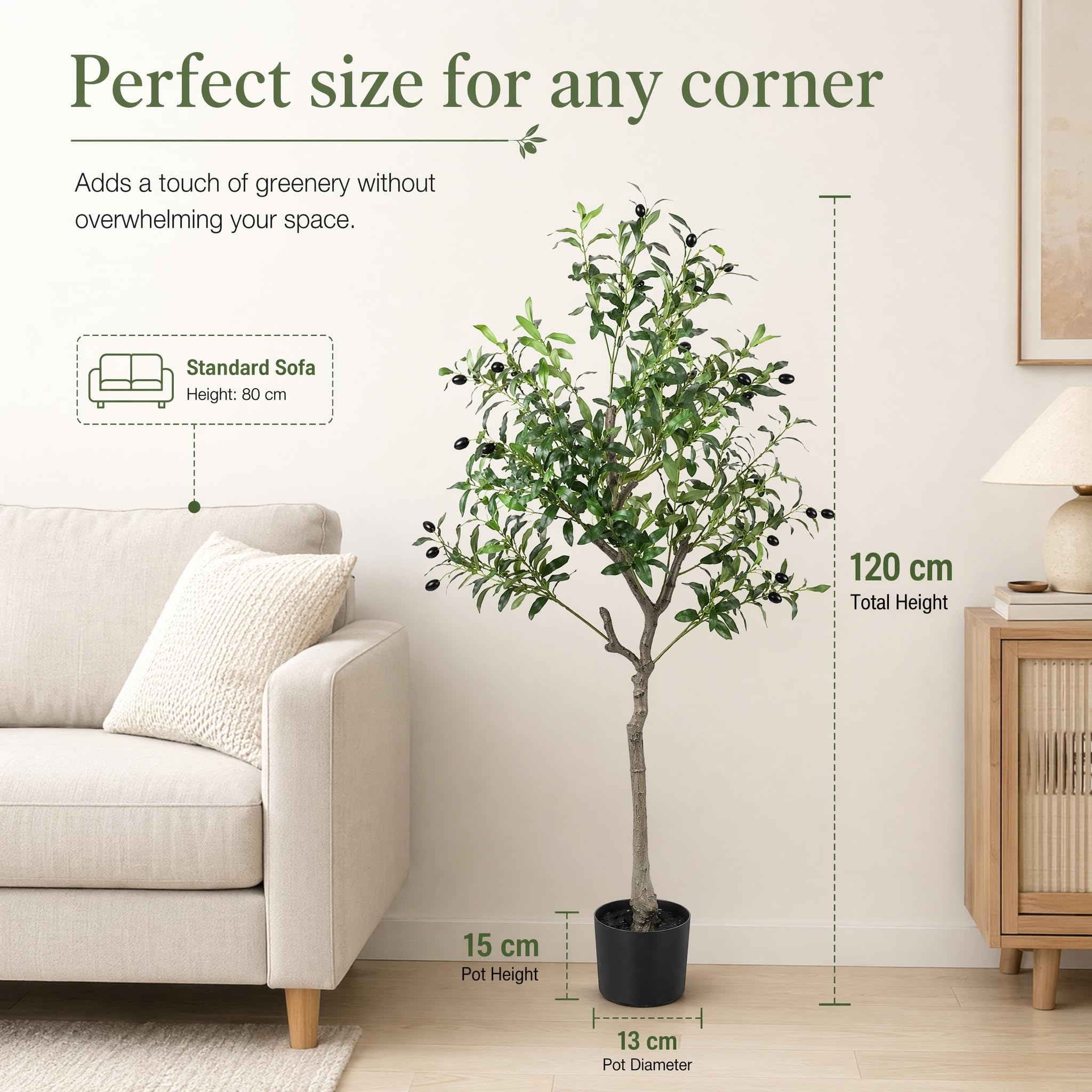 Albero di Olivo Artificiale 120 cm, Piante Finte da Esterno con Vaso Nero
