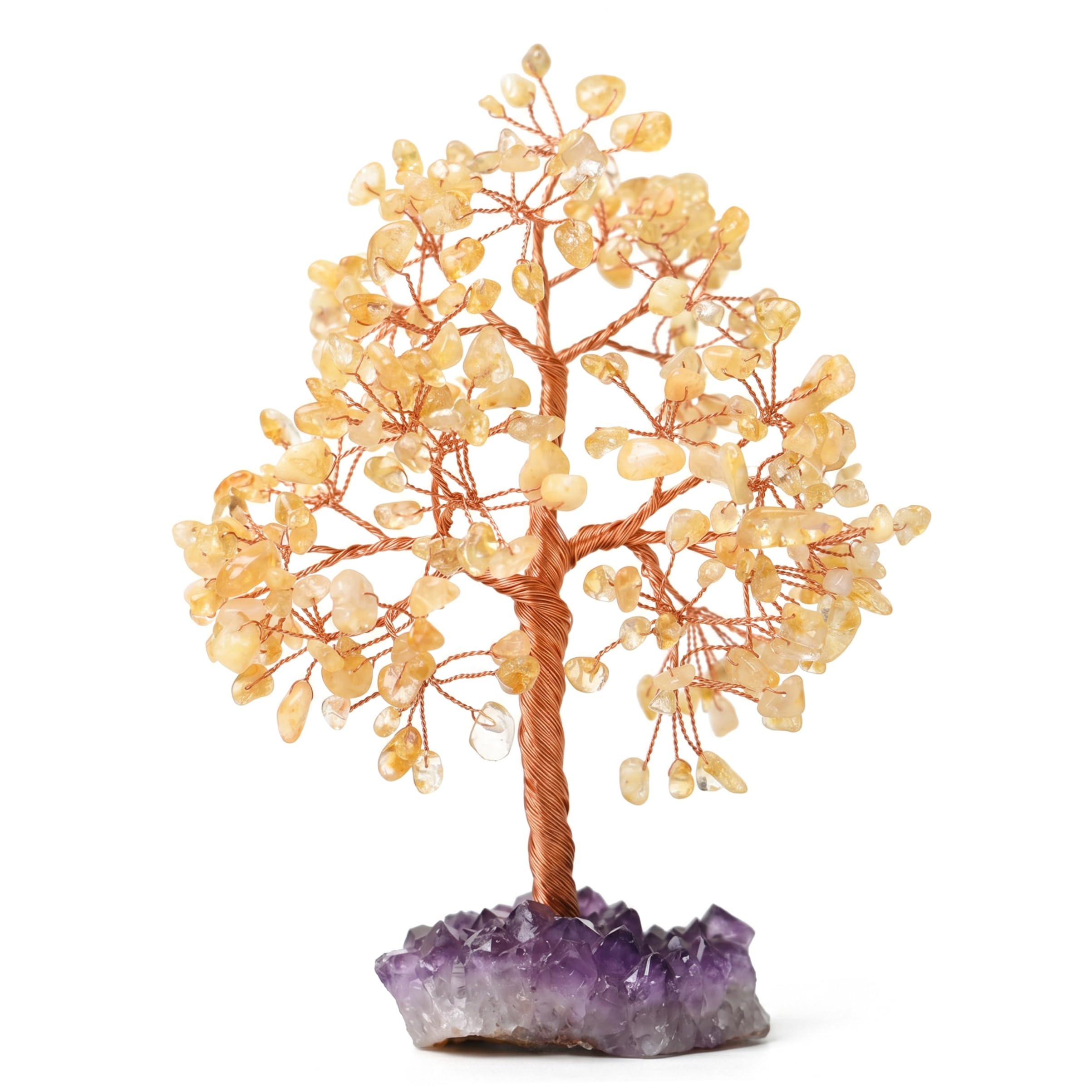 Crystal Tree, Multi-branch Yellow Crystal Tree With Amethyst Cluster Base - Adjustable Crystals Decor For Home & Office