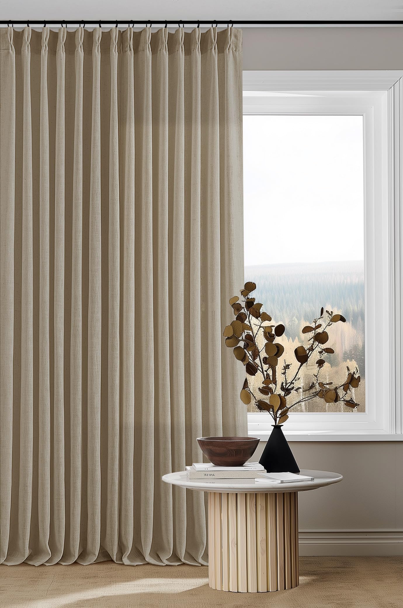 Grey Beige Pinch Pleated Semi Sheer Linen Curtains 92 Inches Long 2 Panel