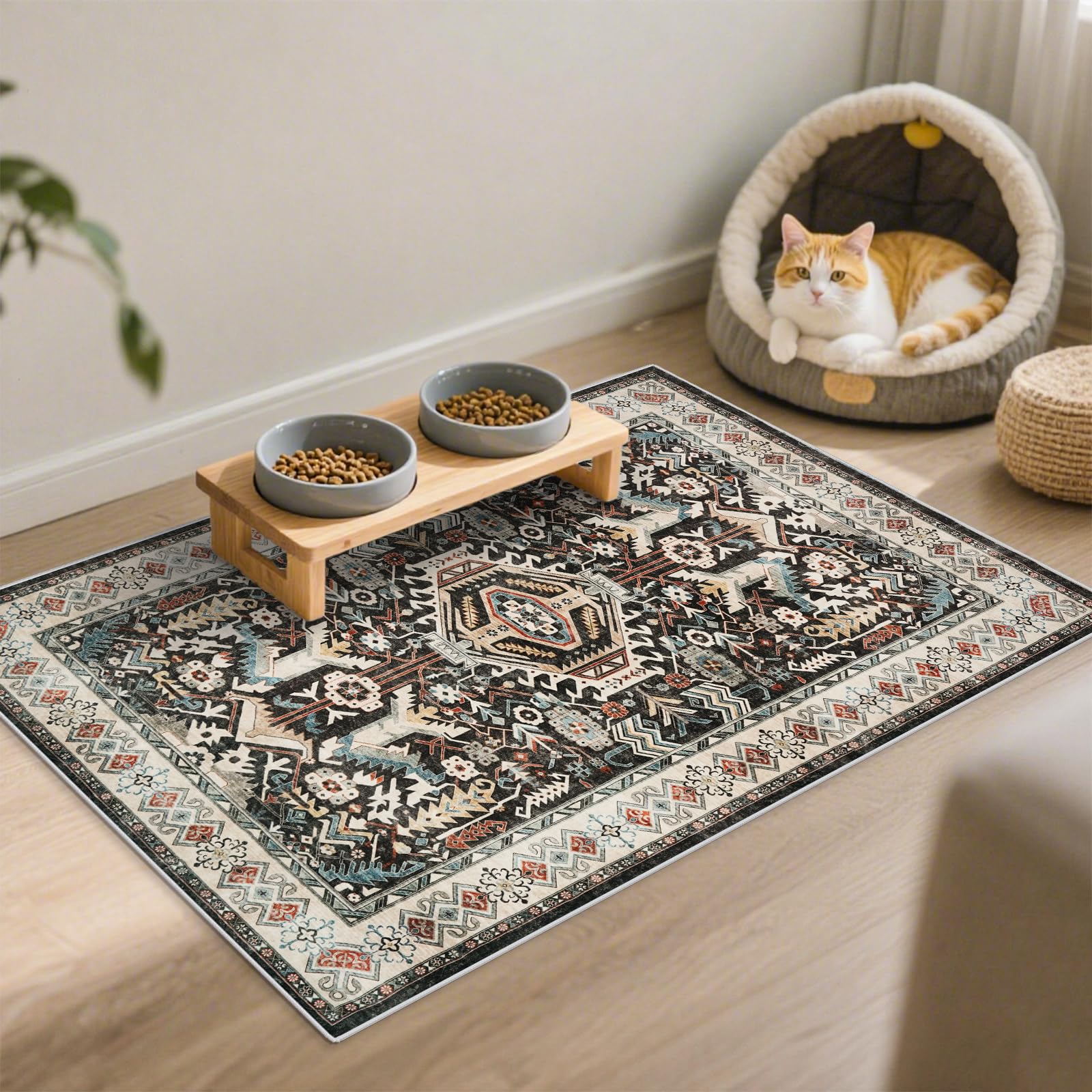 Entryway Washable Area Rug 2x3 - Small Doormat Vintage Distressed Rugs Oriental Non-Slip Stain Resistant Carpet Soft Thin Non-Shedding Indoor Floor Mat for Bedroom Bathroom Kitchen(Black,2x3) 2' x 3' (Runner) Black
