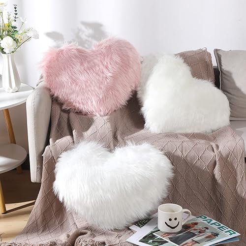 Miniatura 3 de Enhon 2 almohadas esponjosas de corazón de piel sintética en forma de corazón, almohadas de felpa suaves de 20 x 15.7 pulgadas, almohadas con