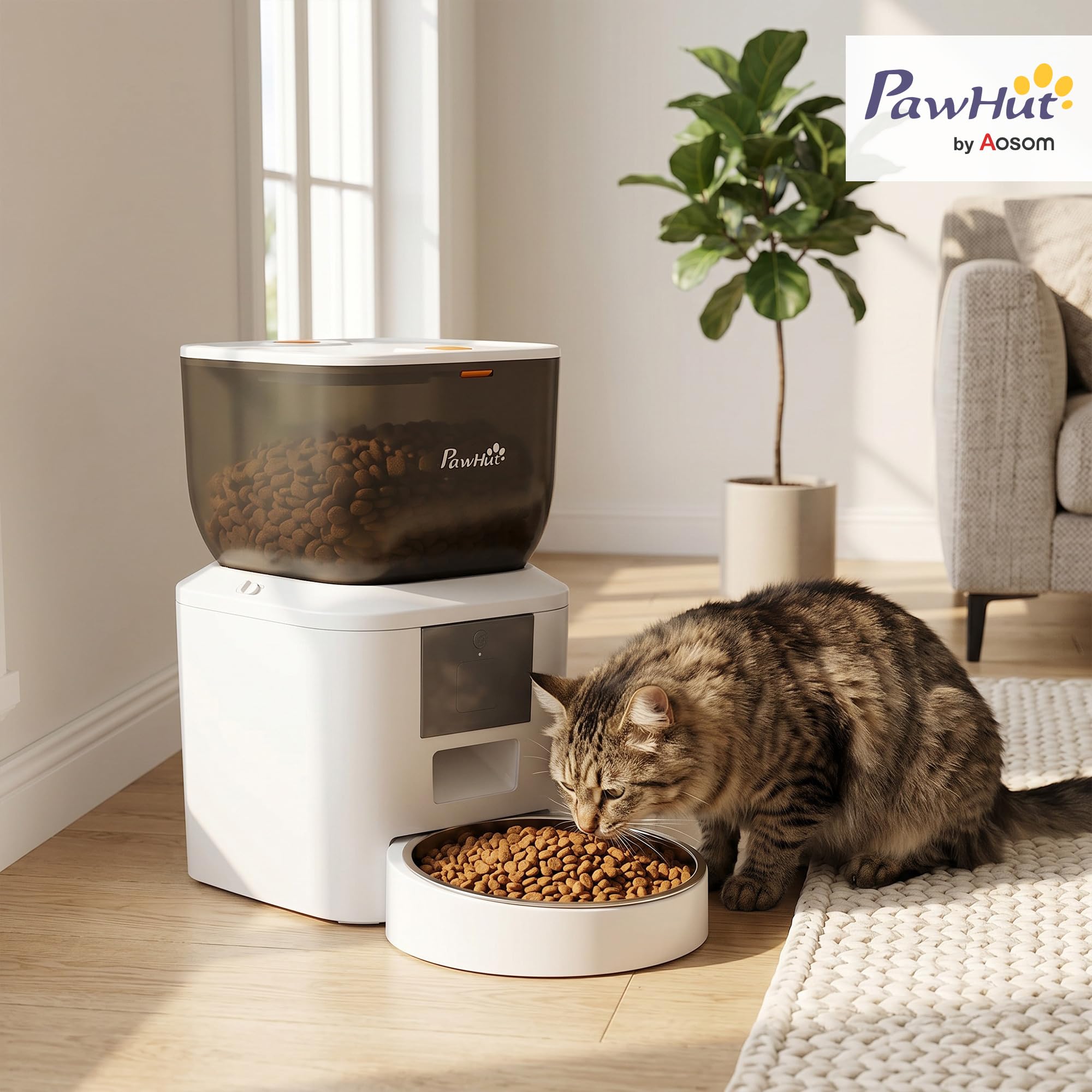 PawHut Distributore Automatico Cibo Gatti 4L WiFi 2.4G Erogatore Bianco | Dispenser Crocchette Gatto, App Controllo con Registratore 10s, 1-10 Pasti al Giorno, Ciotola in Acciaio Inox