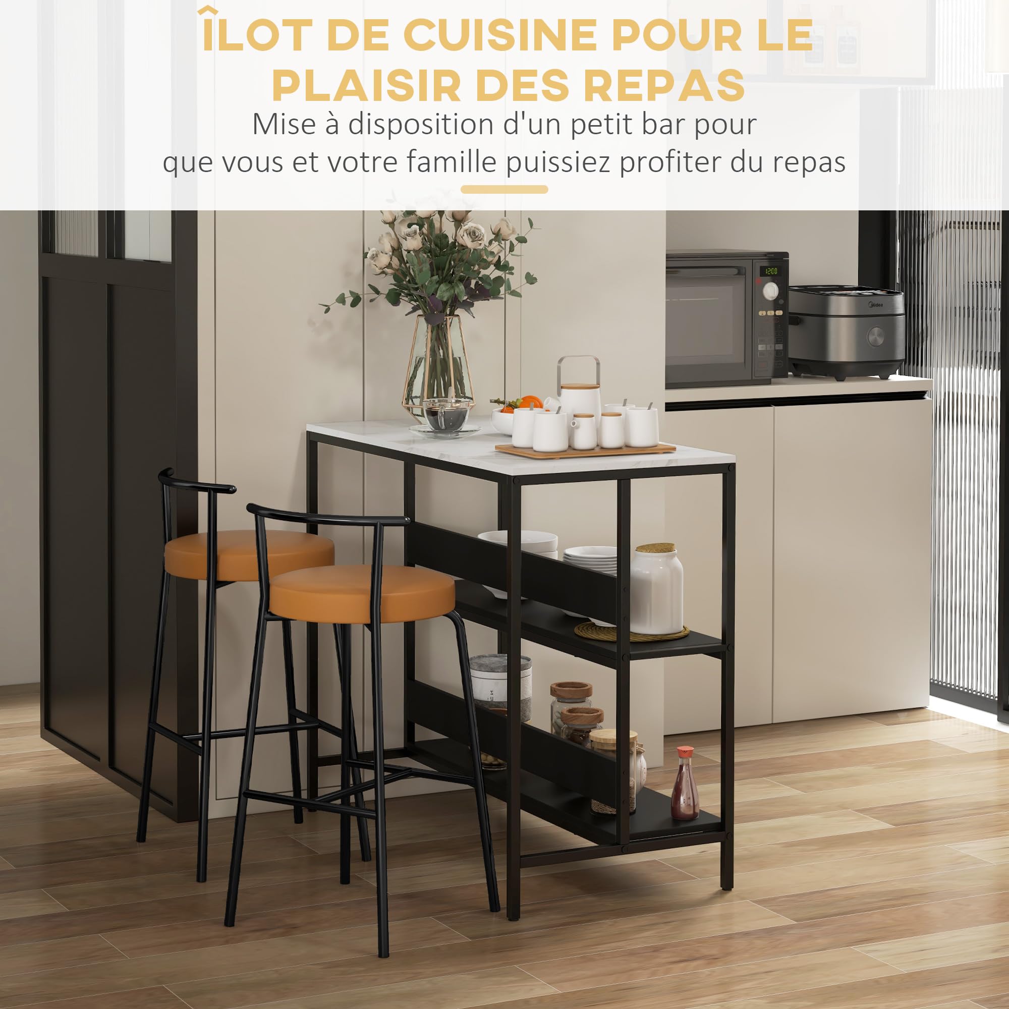 HOMCOM - Postre isla de cocina, mueble de cocina, bandeja de aspecto mármol, estructura de acero, 2 estantes, mueble de almacenamiento para salón, estilo moderno, 100 x 50 x 90 cm, color negro