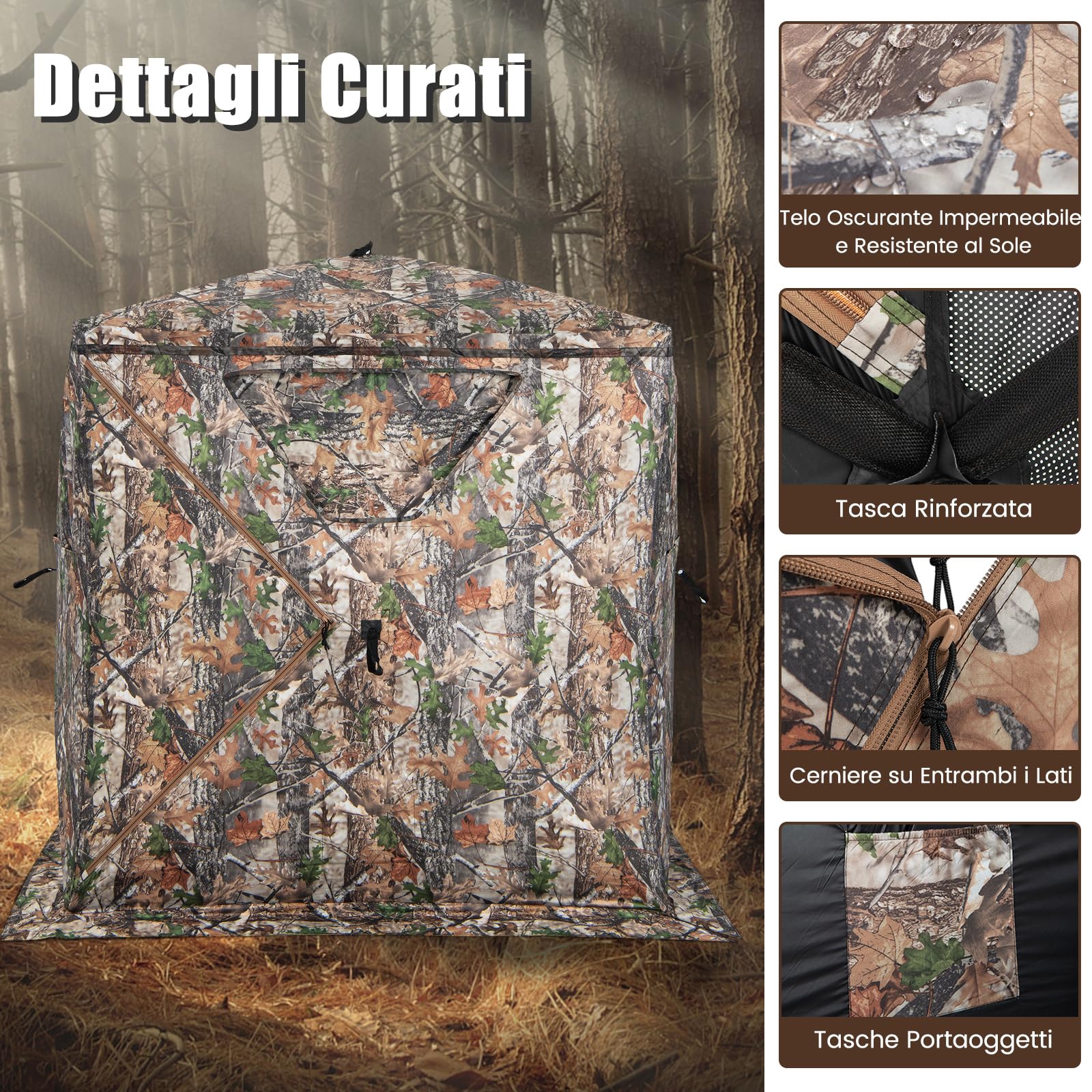 GYMAX Tenda da Caccia, Tenda Portatile e Pieghevole per 2-3 Persone con Vista a 270 Gradi, 8 Robusti Picchetti per Terreni, 4 Corde di Ancoraggio, Sacca Portaoggetti, 147 x 147 x 168 cm