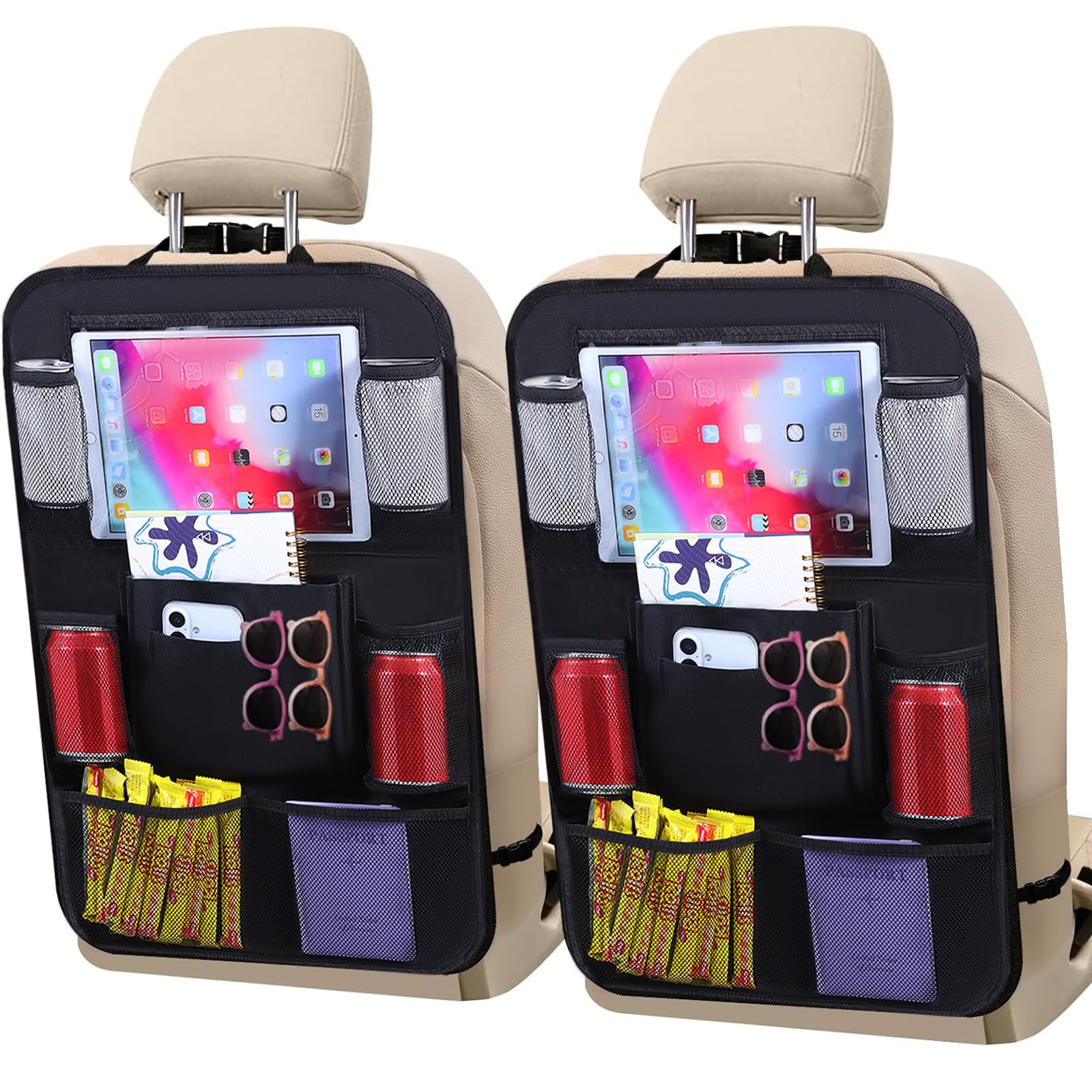 TCJJ Car Backseat Organizers with 10" Touch Screen Tablet Holder&9 Storage Pockets,Back Seat Organizer for Kids Waterproof Car Seat Organizer,Black/2