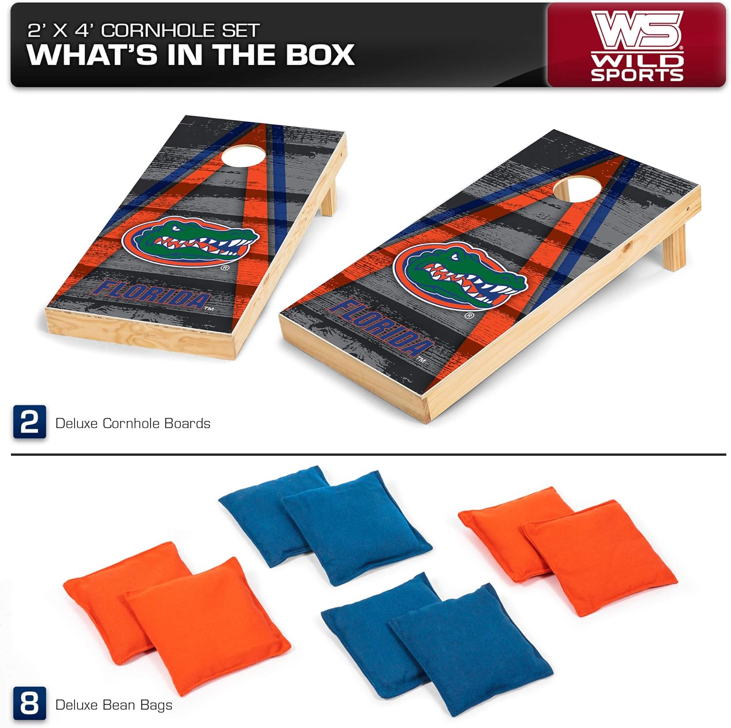 NCAA College 2' x 4' Wood Direct Print Tournament Cornhole Set by Wild Sports, 8 Bean Bags, Vintage Triange Design - Tailgate, Outdoor, Backyard