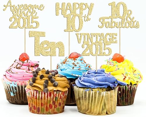 Gyufise 30 piezas de decoración para cupcakes de feliz décimo número 10 con purpurina para decorar cupcakes de 10 años decoraciones para tartas de