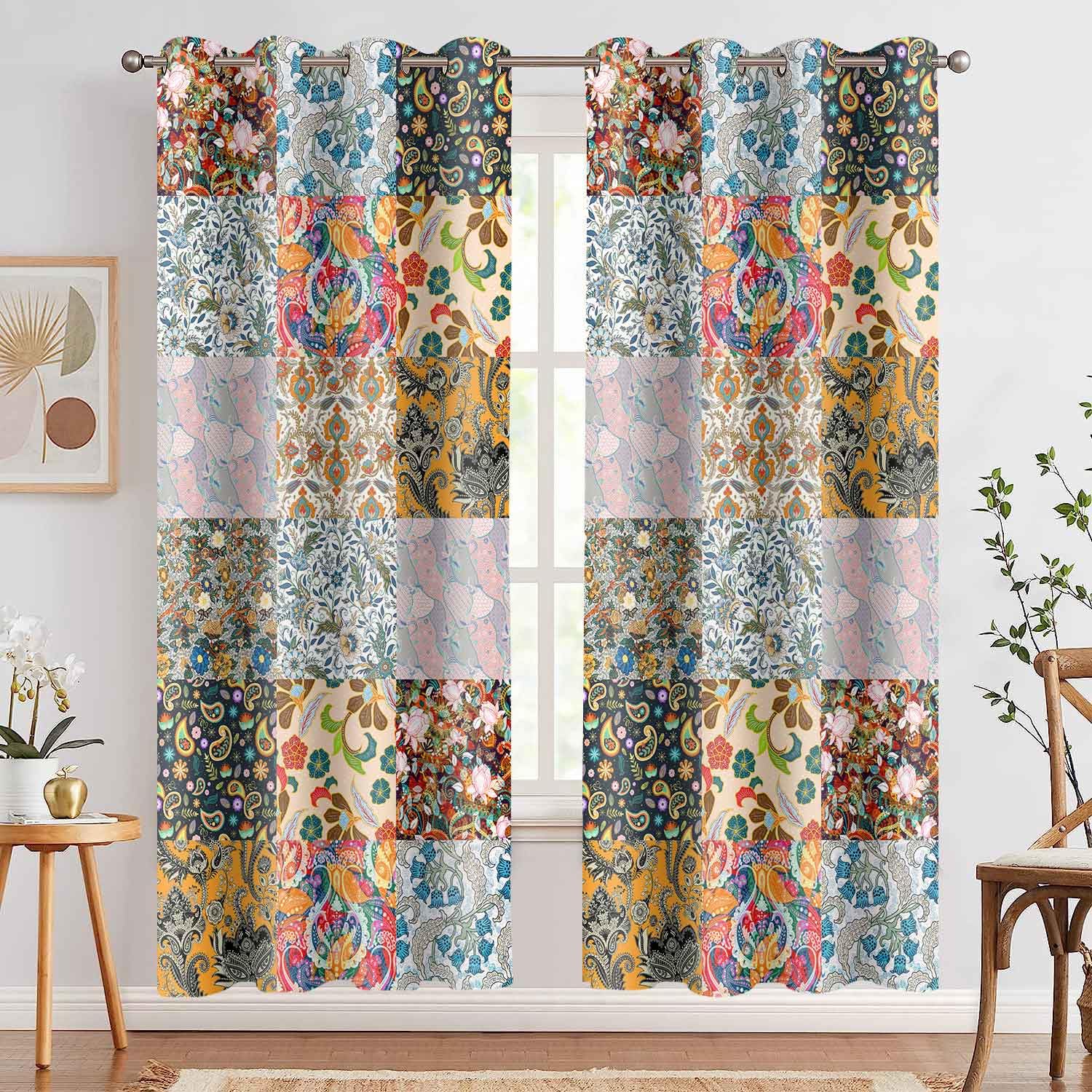 TYTYUU Boho Floral Plaid Patchwork Curtain Colorful Flower Print Rustic Farmhouse Country Vintage Paisley Blackout Window Drape 42x63 Inch