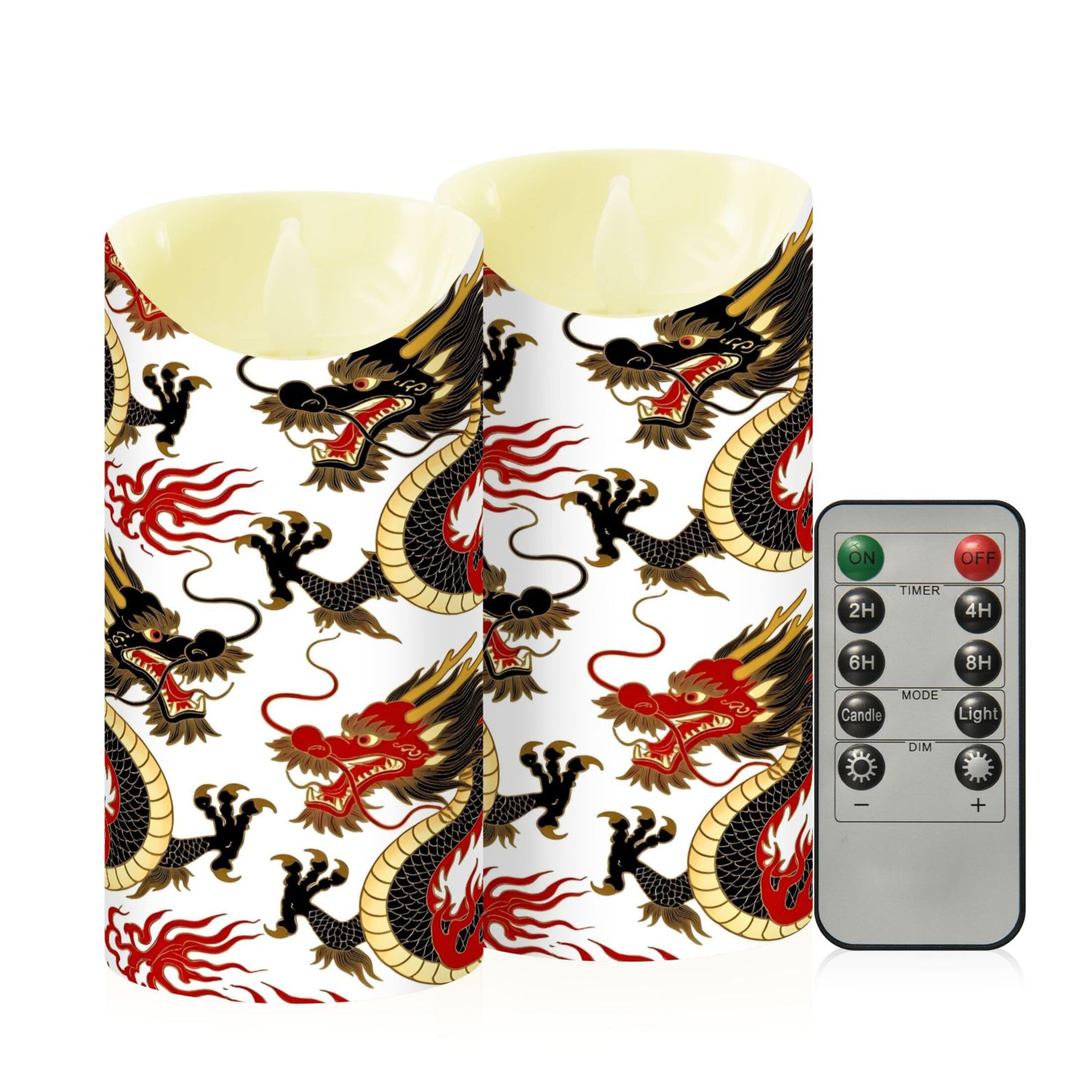 Kutsu Chinese Dragon Flameless Candles Set of 2, Battery Operated LED Flickering Candles with Remote and Timer, Plastic Pillar Candles for Home Wedding Decor