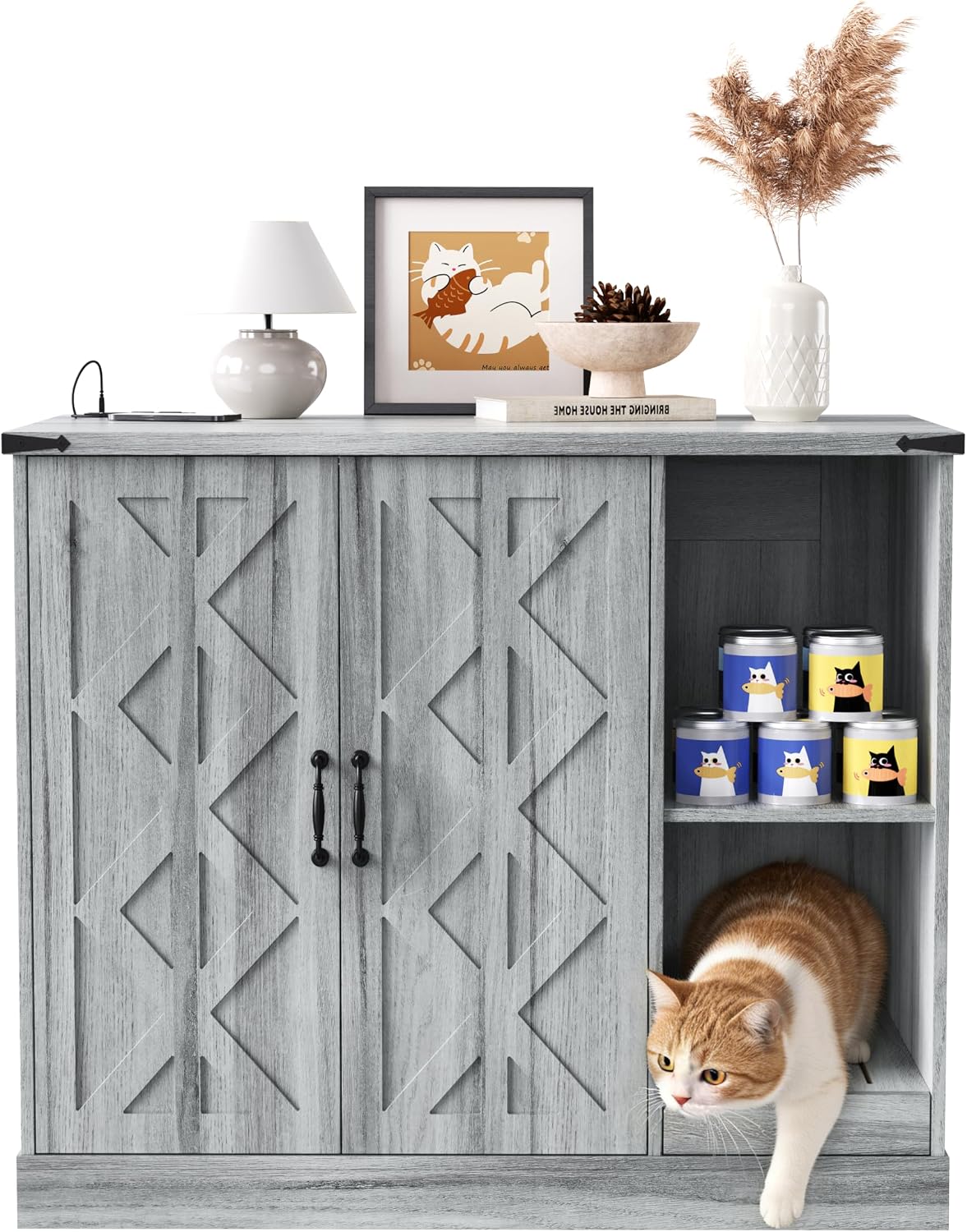 Cat Litter Box Cabinet with Power Outlet, Hidden Litter Box Furniture for Automatic Litter Boxes, Enclosure with Litter Catcher, Adjustable Shelves & Side Storage, Modern Cat House, Gray