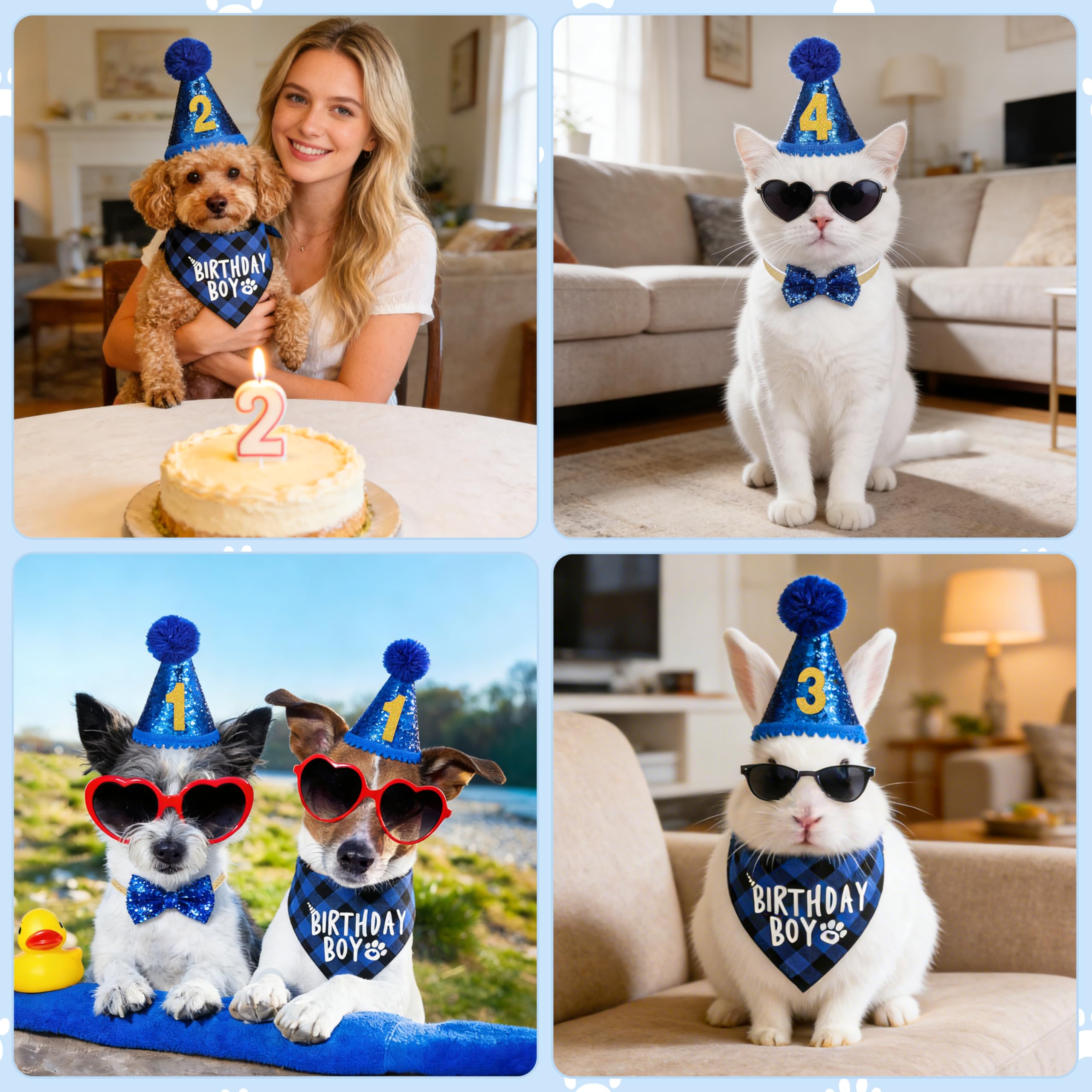 Set di Bandana Compleanno per Cani con Cappello e Pompon, Numeri Bling Adesivi 4 Pezzi Blu