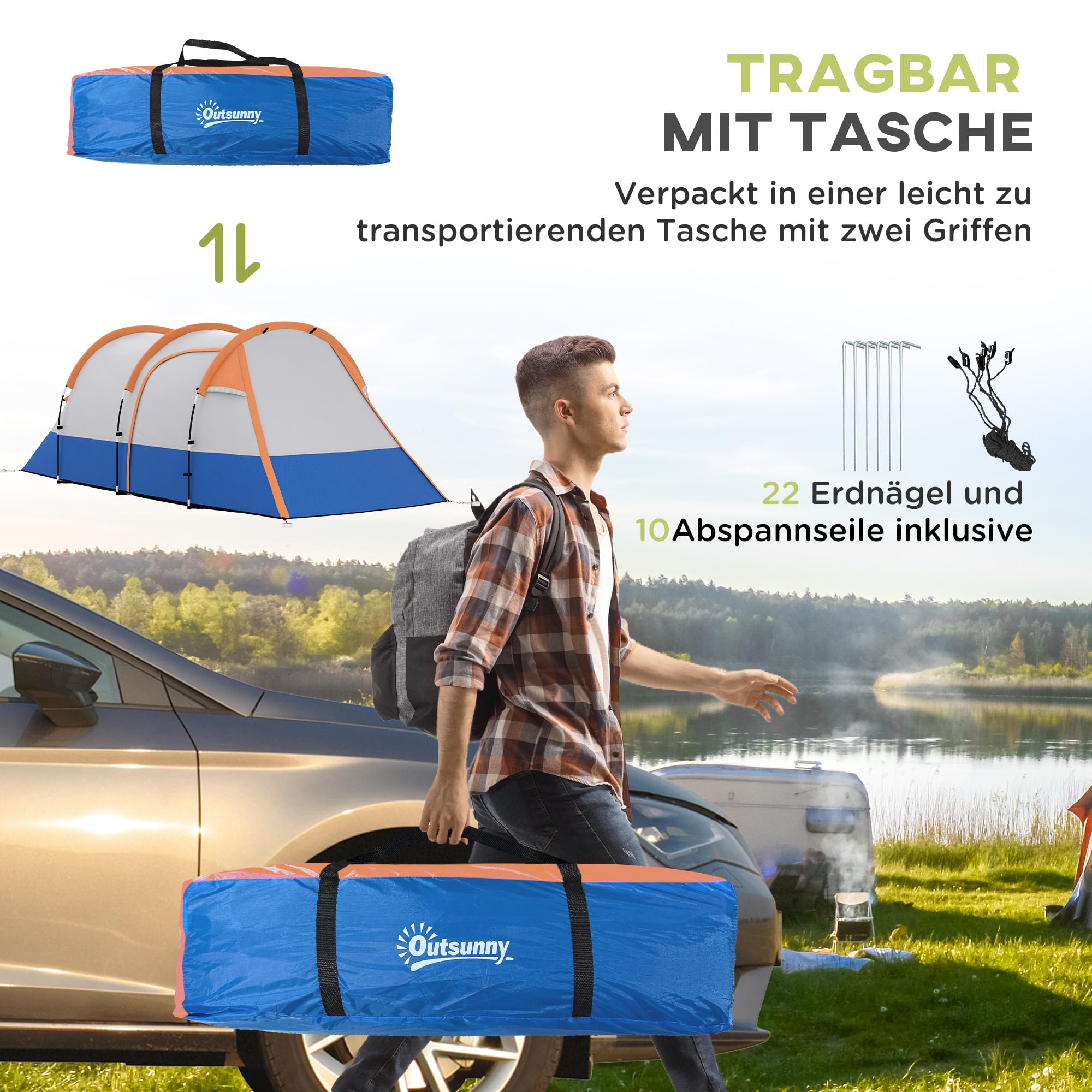 Outsunny Campingzelt, Tunnelzelt für 2 Personen, mit Lichthaken, Vorzelt, 2 Räumen, groß Familienzelt mit Tragetasche, 2000mm Wasserabweisend Pop Up Zelt für Camping, Garten