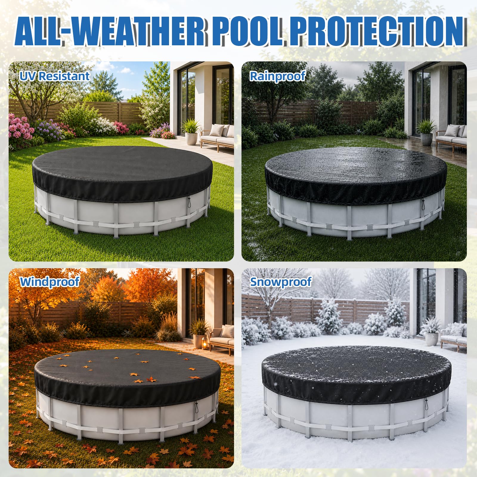 Bâche de piscine ronde Ø 366, 420D - Pour l'été et l'hiver - Pour piscine de 320 à 360 cm de diamètre - Étanche - Protection UV - Avec cordon de serrage et ancrages au sol - Pour piscines