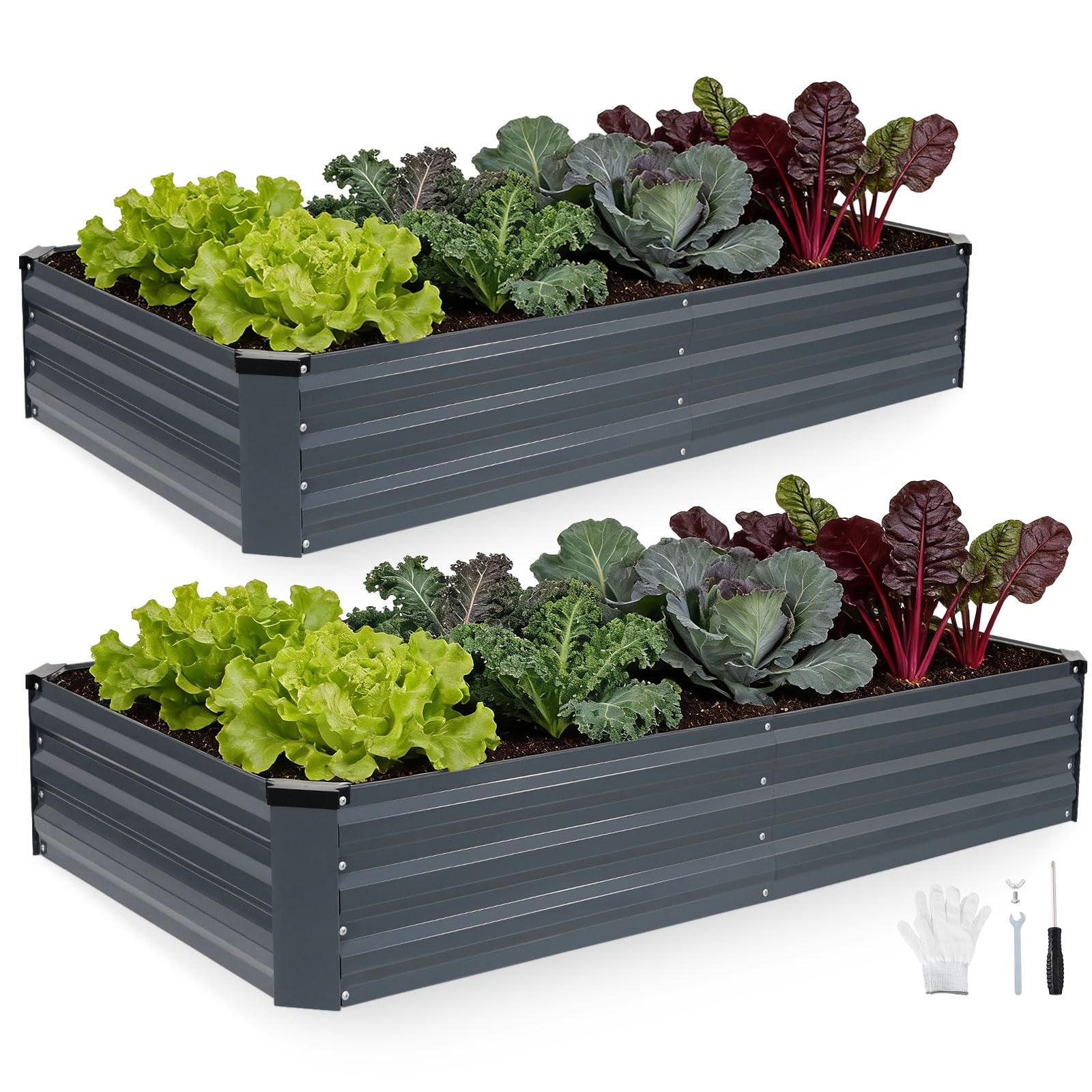 INNO STAGE Galvanized Raised Garden Bed Kits, 180x90x30cm Metal Raised Garden Beds Outdoor, Steel Raised Planter Bed with Gloves for Vegetables & Flowers Patio Ground Planter Box(Grey, 2PCS)