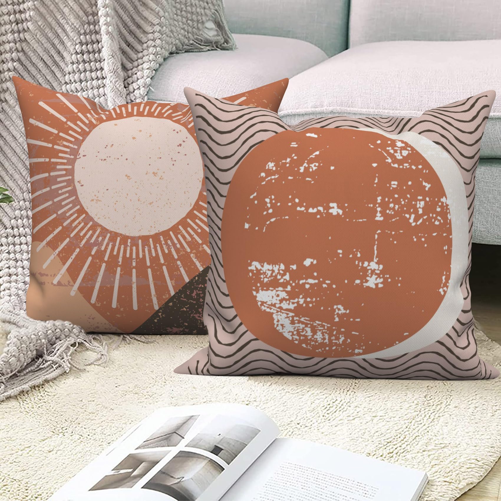 Lot de 4 housses de coussin décoratives de style bohème 66 x 66 cm, taies d'oreiller décoratives abstraites en lin beige et terre cuite pour canapé, voiture (coussin non inclus)