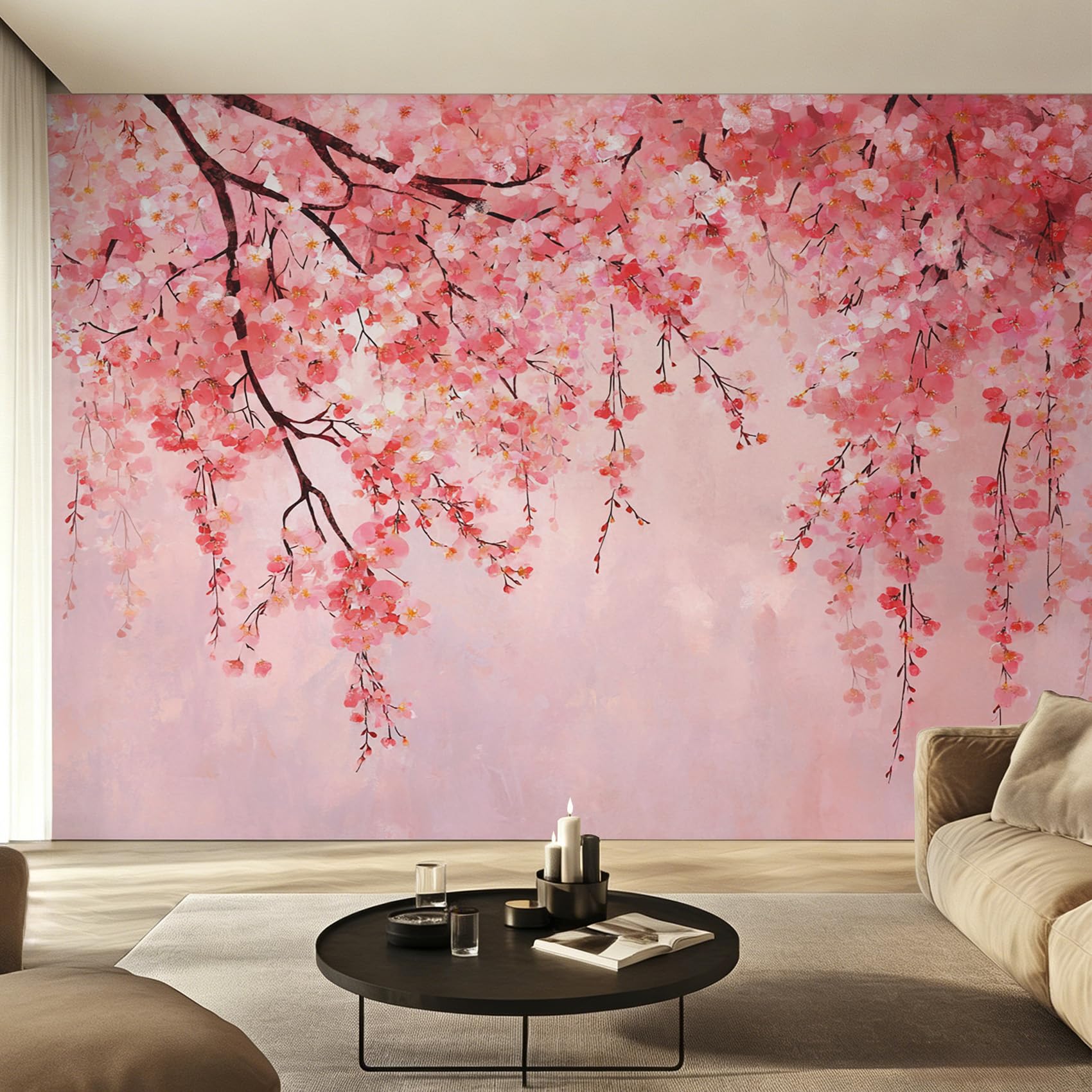 Générique Papier Peint Intissé Motif Floral Rose Romantique, Papier Peint Panoramique Fleurs de Cerisier Rose pour Salon Chambre Bureau Couloir, Décoration Murale, 300 x 250 cm (L x H) Y&W71