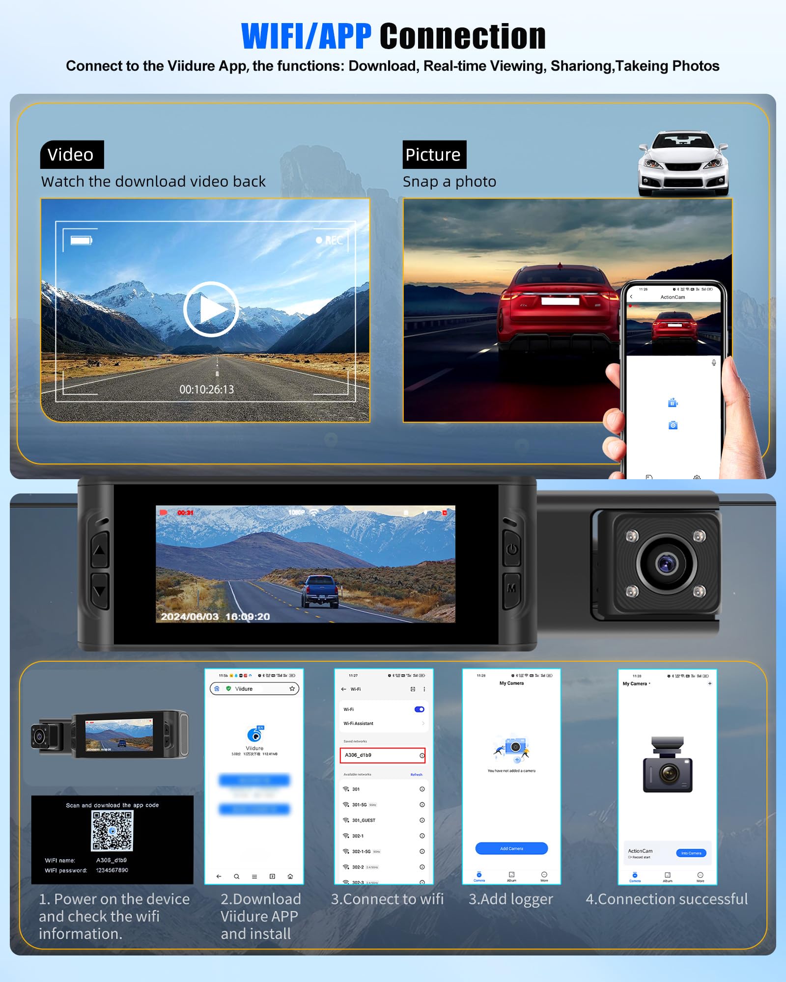 CAMECHO Vision Nocturne Dashcam 1080P kamera samochodowa przód i tył z WiFi 3,16-calowy ekran 2-kanałowa dashcam z nagrywaniem w pętli wykrywaniem ruchu