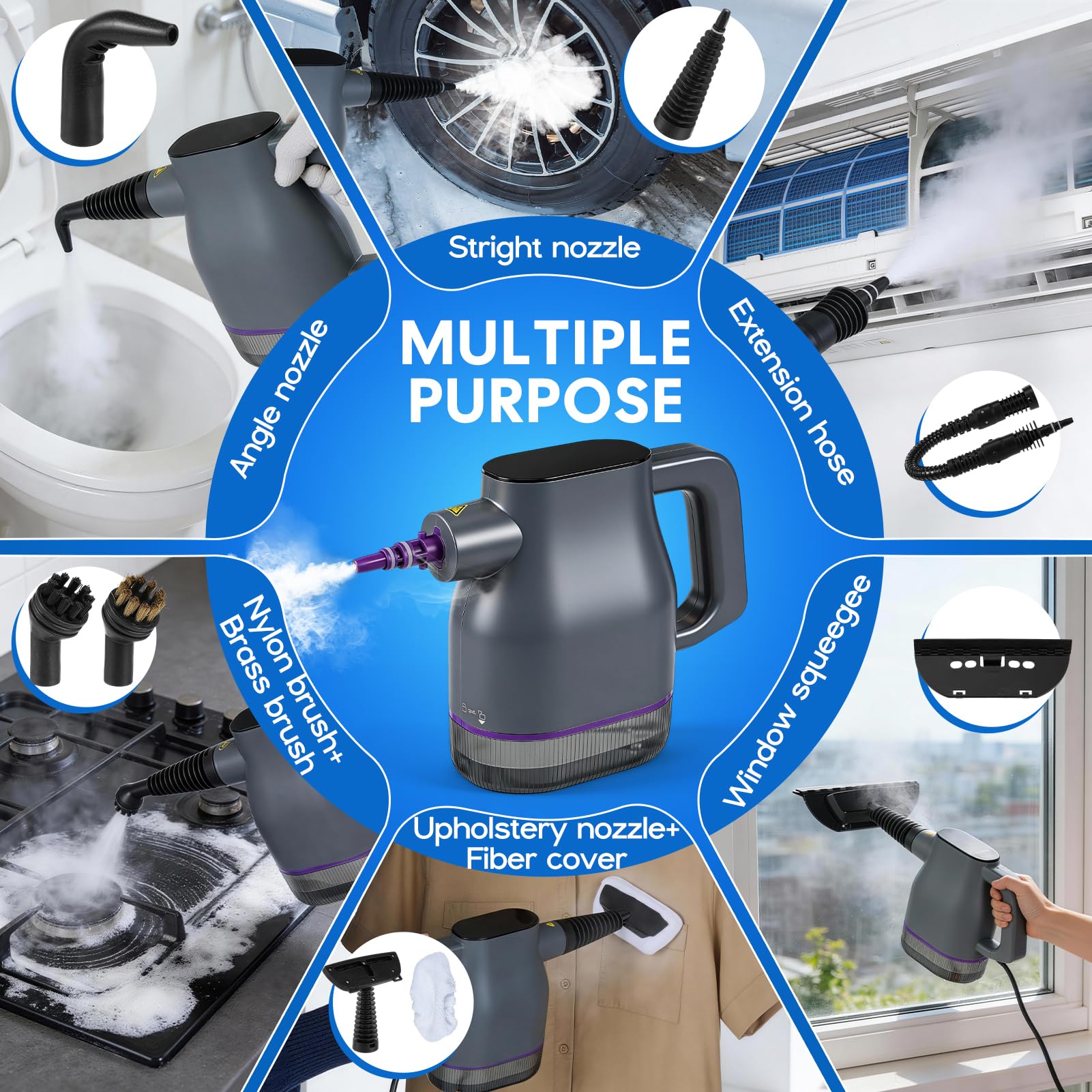 1350W Pulitore a Vapore Portatile con Riscaldamento Rapido 15s a 130°C – Touchscreen, Blocco Sicurezza, 400ml Senza Chimici – 9 Accessori per Auto, Divano, Pavimenti, Bagno, Piastrelle, Finestre