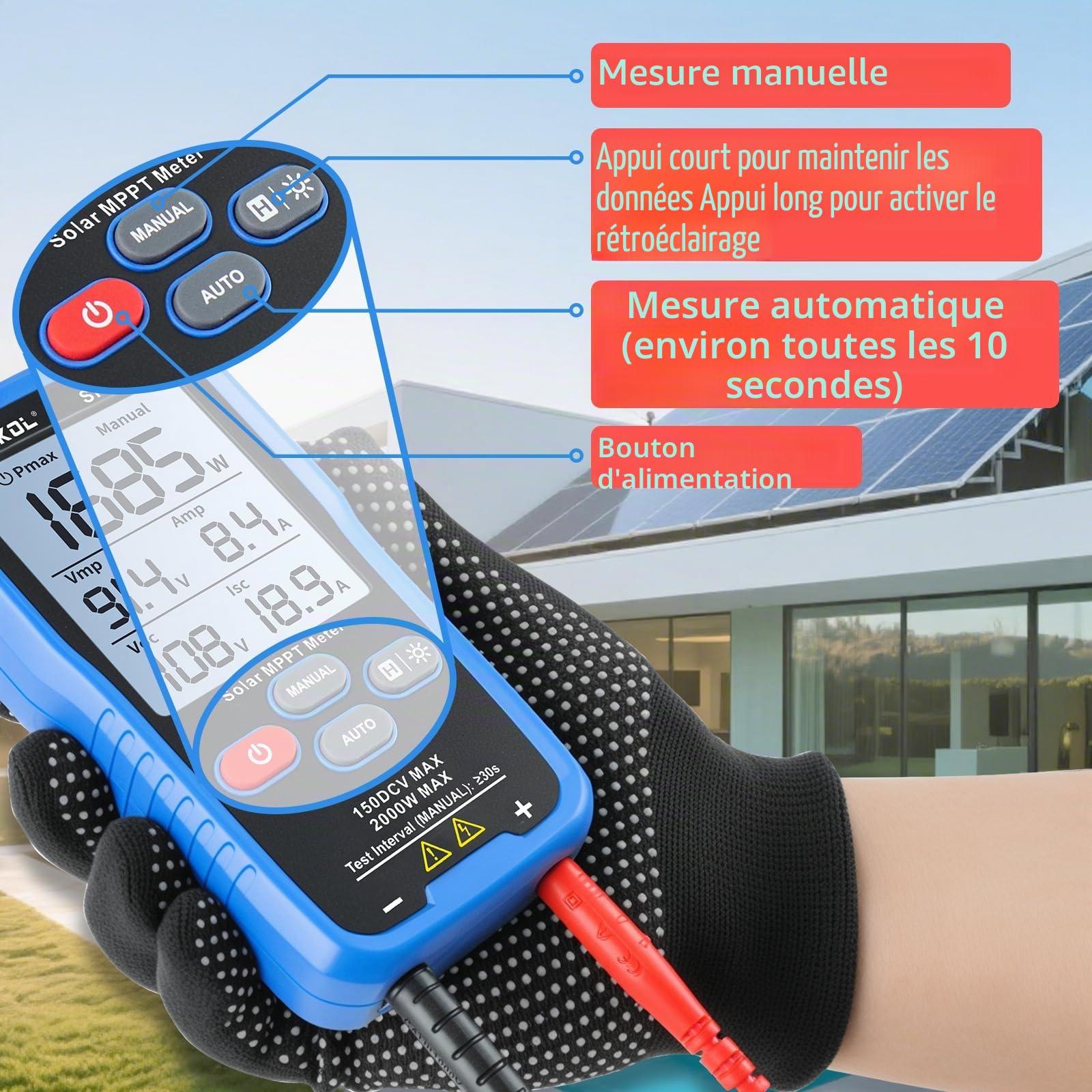 SK-705S Testeur MPPT Solaire pour Modules Photovoltaïques – 2000 W, 150 V DC Max, 35 A, Mesure Automatique et Manuelle de la Puissance, Voc Isc Vmp Pmax, Écran LCD 3,2", Testeur PV Portable