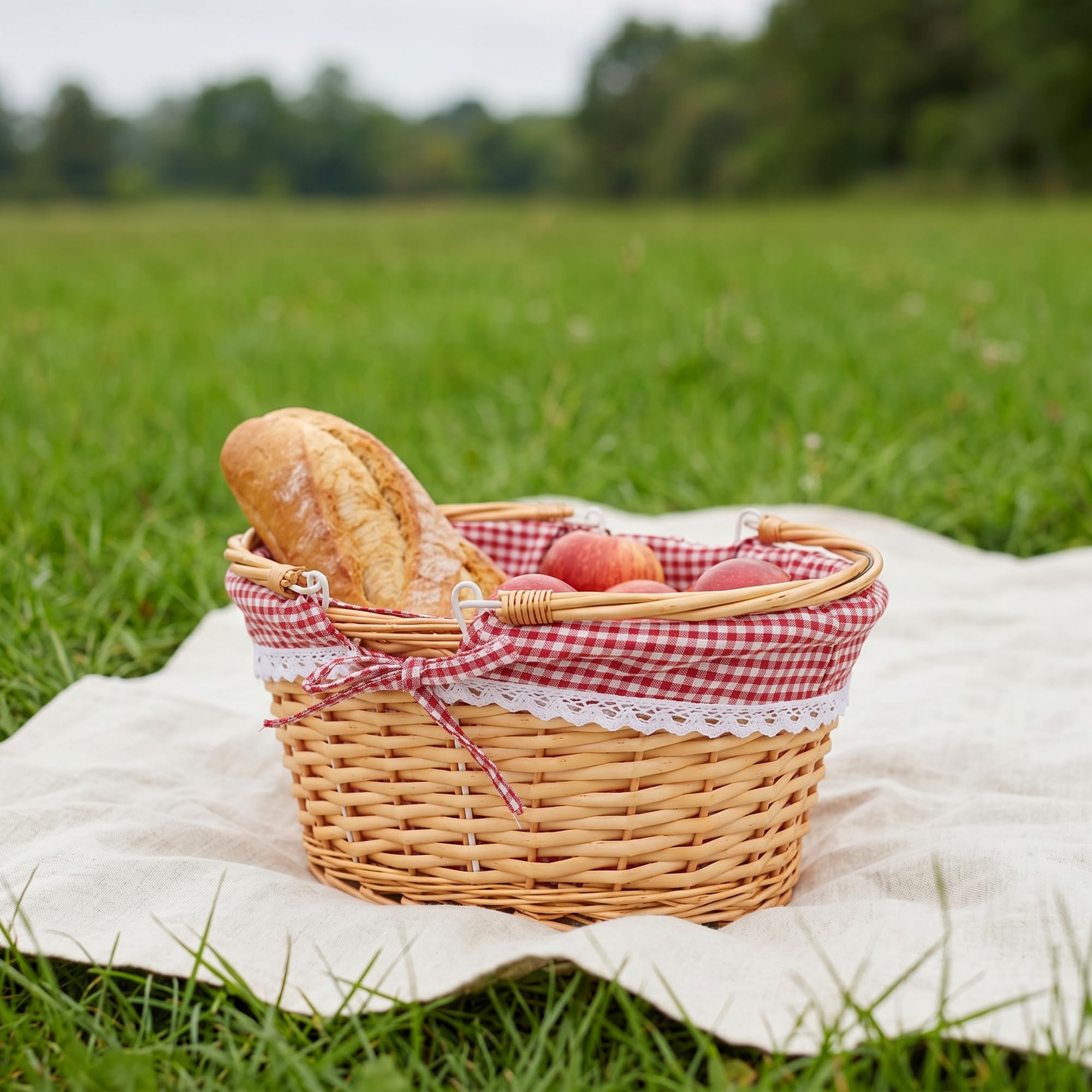 1 panier en osier avec anse - 36 x 28 x 17 cm - Panier de pique-nique ovale tressé avec poignées doubles et doublure - Panier vide, pour pique-nique, camping, mariage, décoration de Pâques