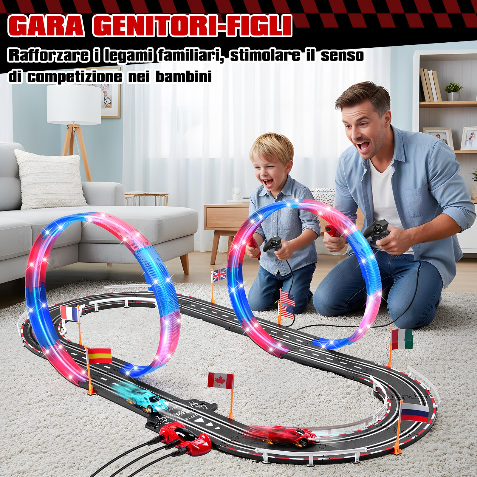 Piste Corsa Elettriche, Illuminato Pista Macchinine Piste Auto Bambini - 4 LED Macchine, Spina, 360° Cerchio, Comandi, Contatore, Piste Corsa Bambini 3 4 5 6 7 8 Anni Giocattoli Regali (S)
