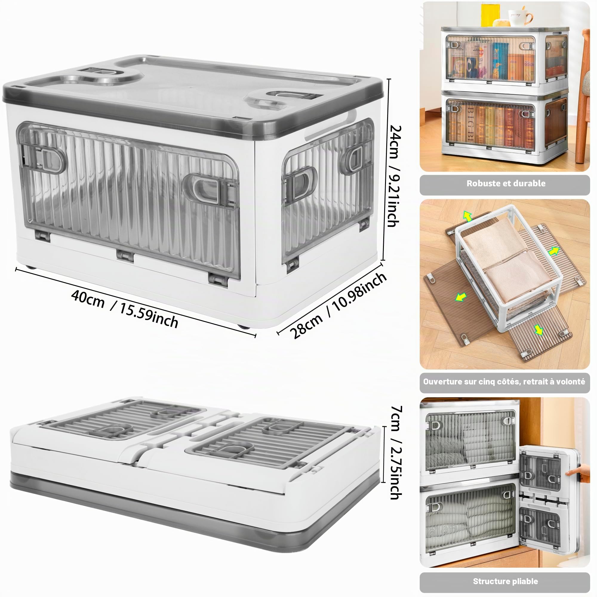 Creahaus Ensemble de 2 Boîtes de Rangement avec Couvercle, 28 Litres, Empilables avec Roues, Pliables 5 Portes, Organisateur de Jouets, Meuble de Rangement (Blanc)