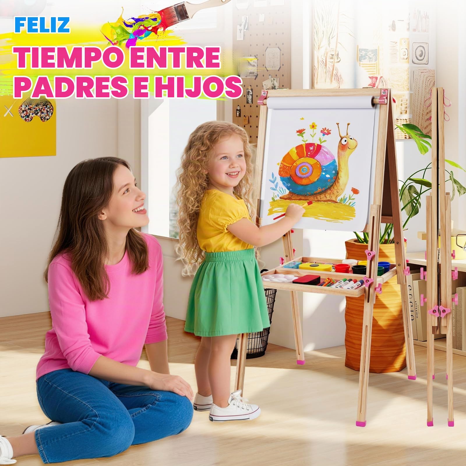 Caballete Pintura niños,Pizarra de Dibujo de Doble Cara de Madera Plegable,Caballete de Arte de Altura Ajustable con Pergaminos y Otros Accesorios para Niños y Niñas,Rosa