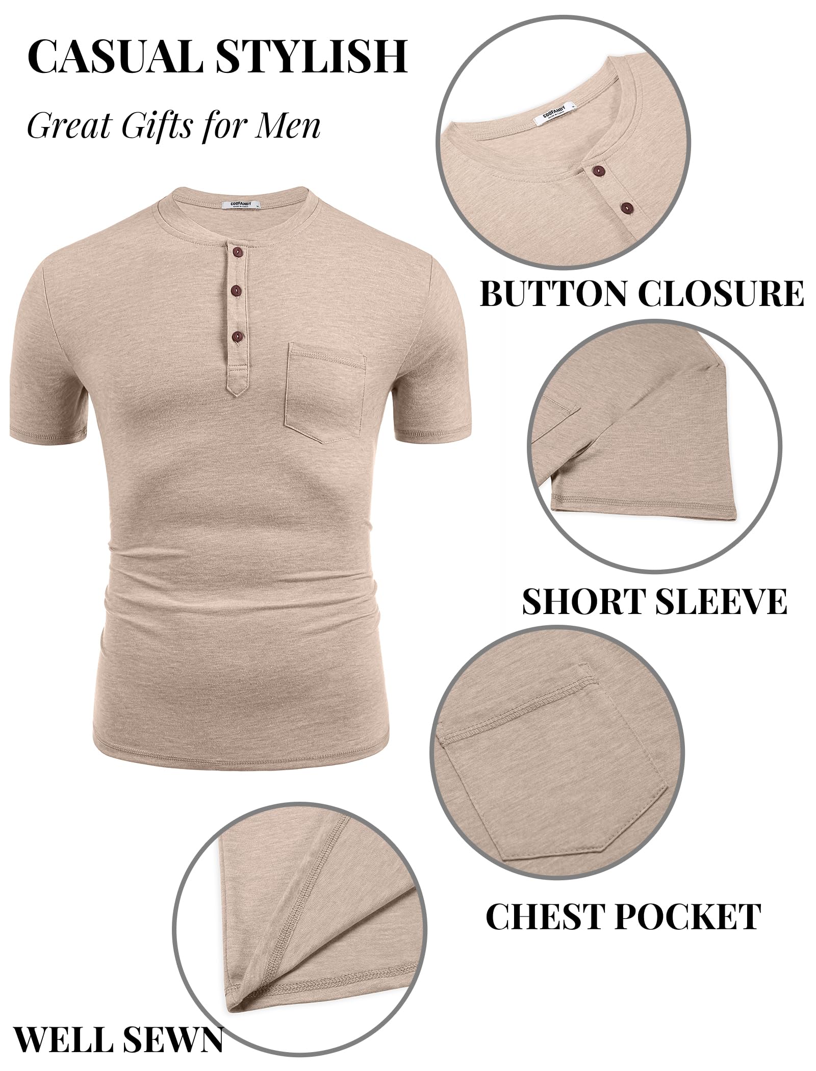 COOFANDY Camicia da uomo casual Henley a maniche corte con tasca T-shirt leggera con bottoni Henley Pullover Basic Tees