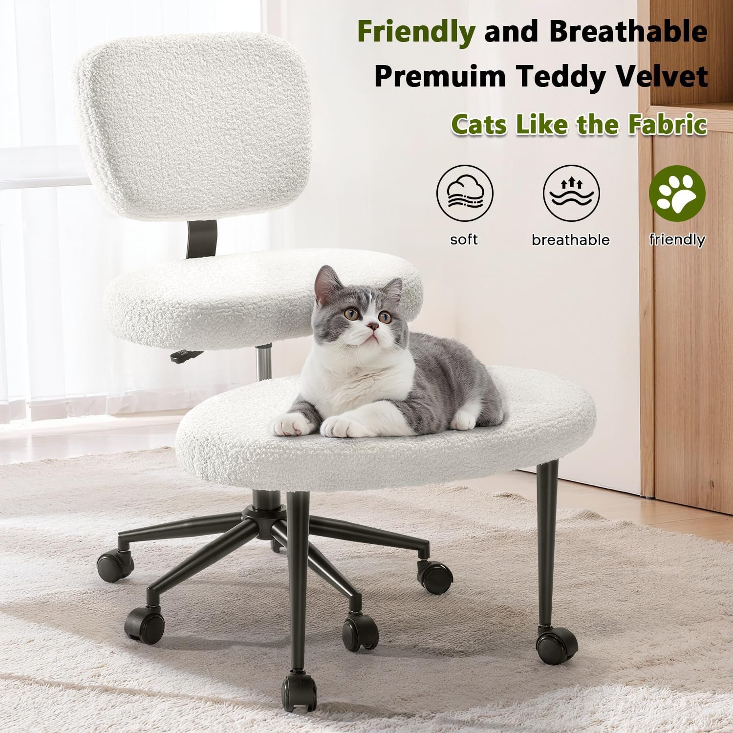 Waleaf Ergonomic Cross Legged Office Chair, ADHD Chair for Adults, Height Adjustable Meditation Chair with Wheels, Teddy Fabric Yoga Kneeling Chairs with Comfortable Back Support (White)