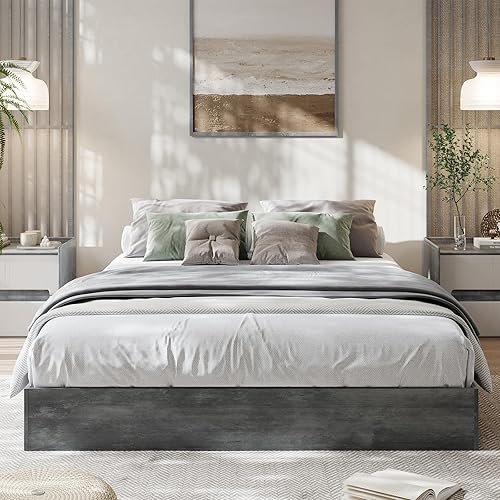 Miniatura 2 de GarveeHome Marco de cama de plataforma de madera de tamaño matrimonial, marco de cama de madera sin cabecero, soporte de listones de madera, no Gris