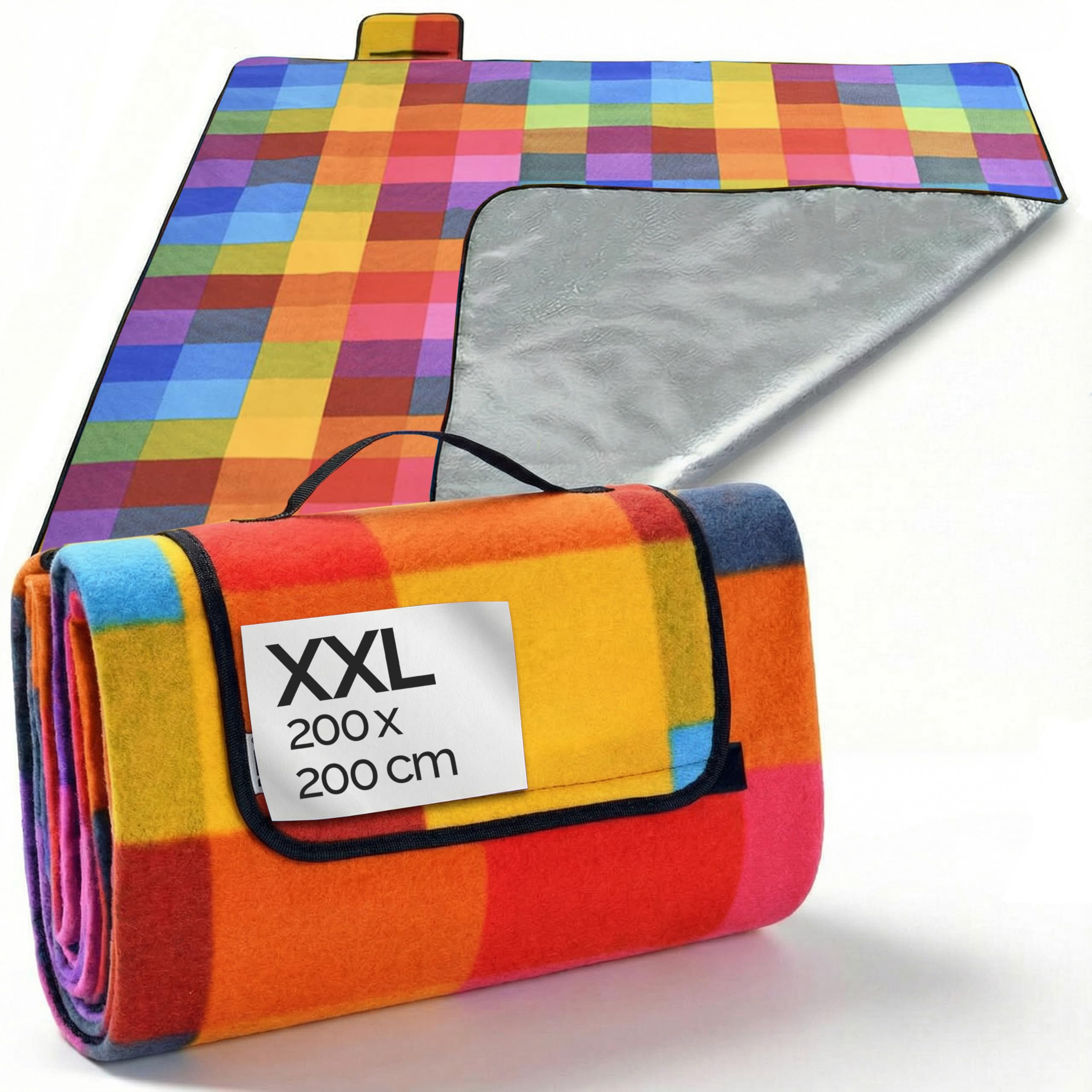 DETEX Picknickdecke Campingdecke XXL 200x200 cm Wasserdicht Wärmeisoliert Waschbar Fleece Faltbar für 4-6 Personen Garten Stranddecke Pixel