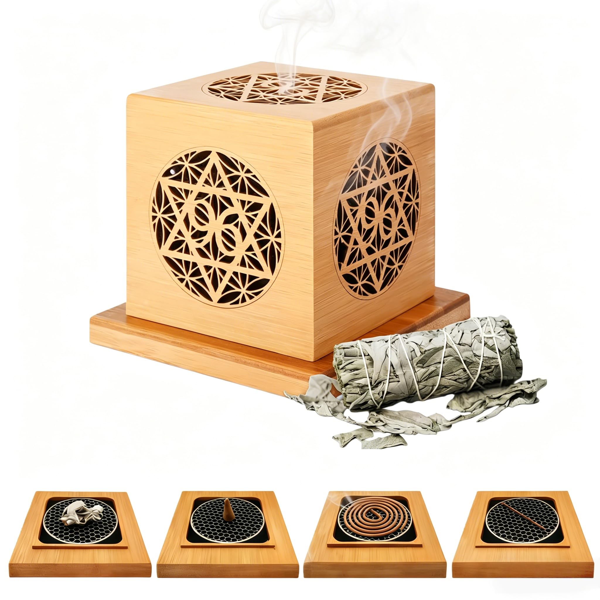 YERHOME Bamboo Carved Incense Holder Pentagram White Sage Set 4.1in
