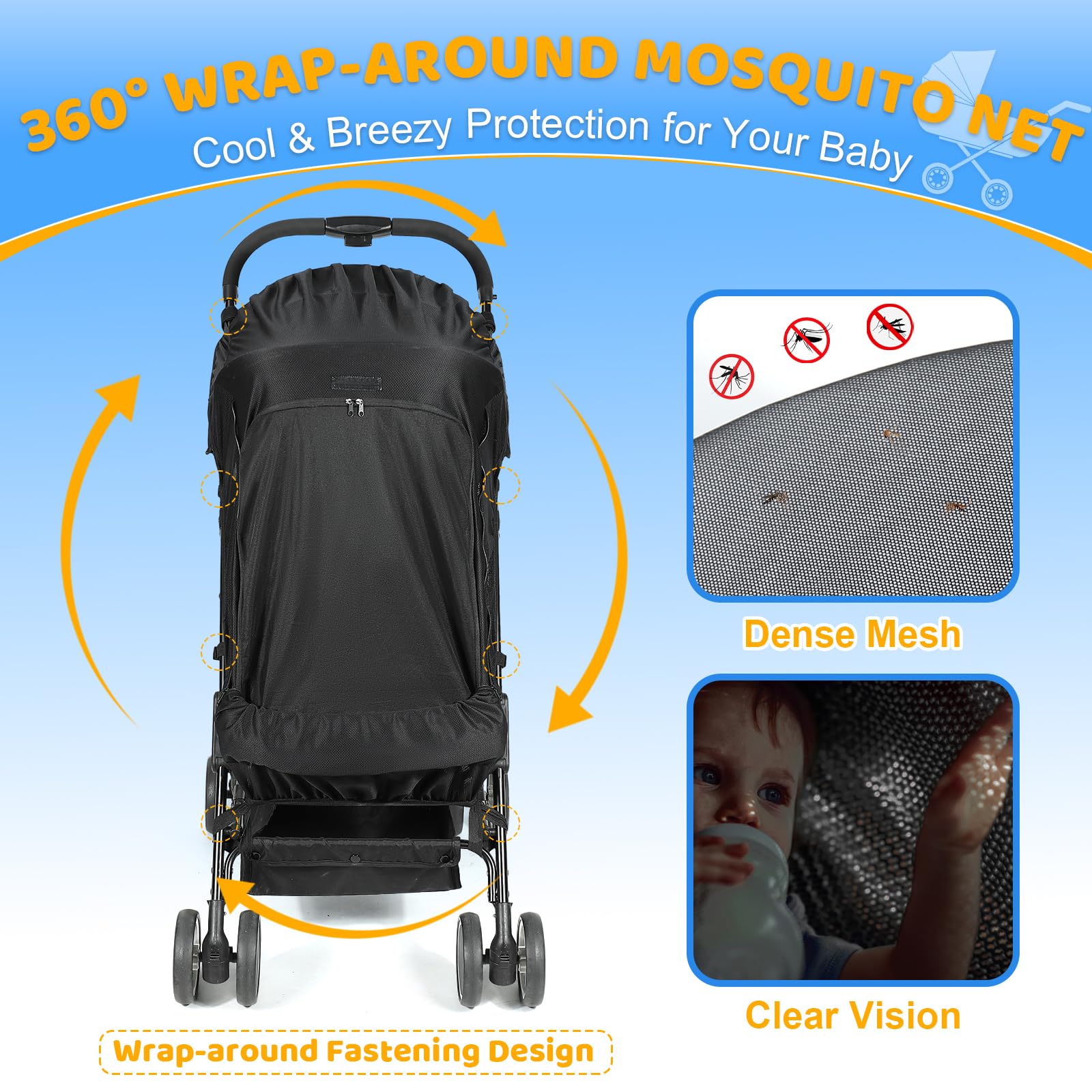 Orzbow Pram Sun Shade, Breathable Sun Shade for Pram with Mosquito Net & Zip, Universal Buggy Sun Shade with Double Opening, Strong Sun Shading, Easy Access, Blocks 95% UV(UPF 50+), Black — view 3